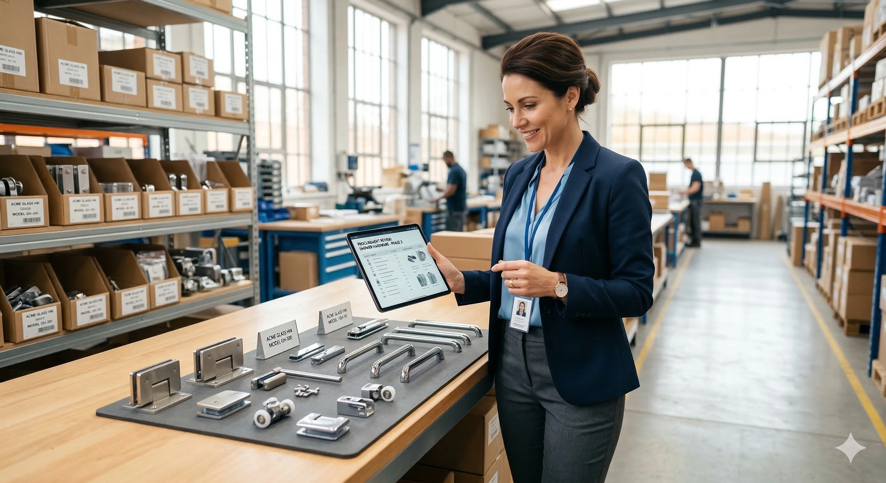 Procurement manager reviewing glass shower hardware inventory on a tablet