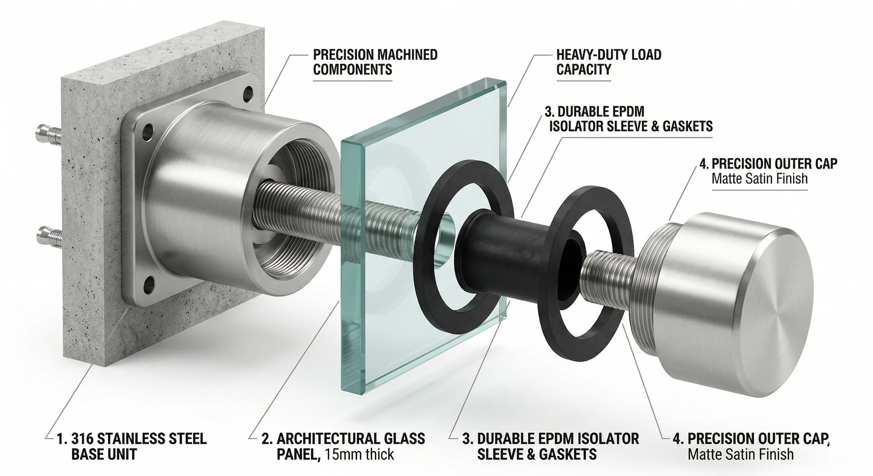 Exploded diagram of stainless steel architectural glass standoff fitting components