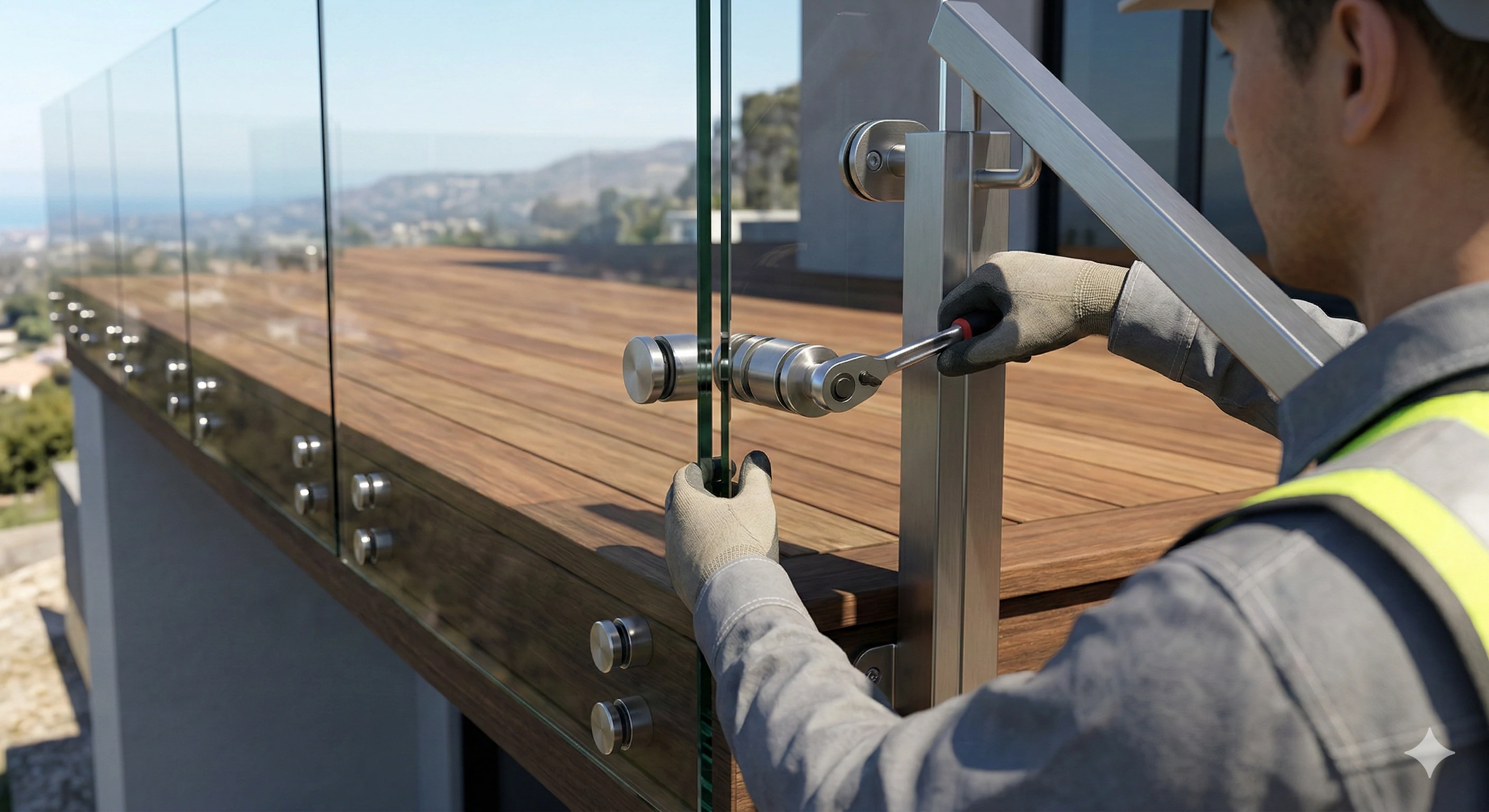 Installer tightening heavy-duty stainless steel glass standoff hardware on balcony.