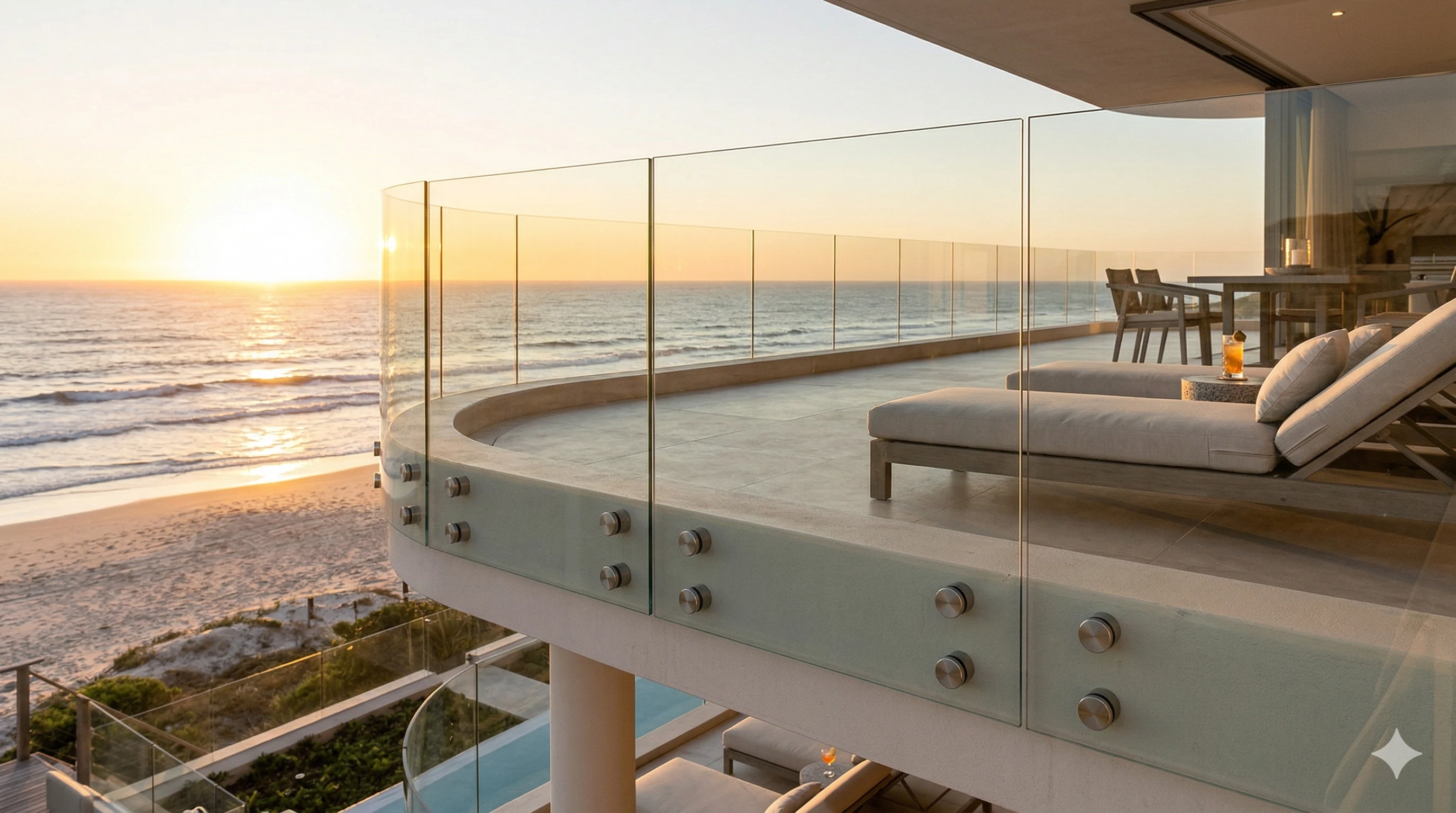 Frameless glass balcony railing secured with metal standoffs overlooking a sunset beach.