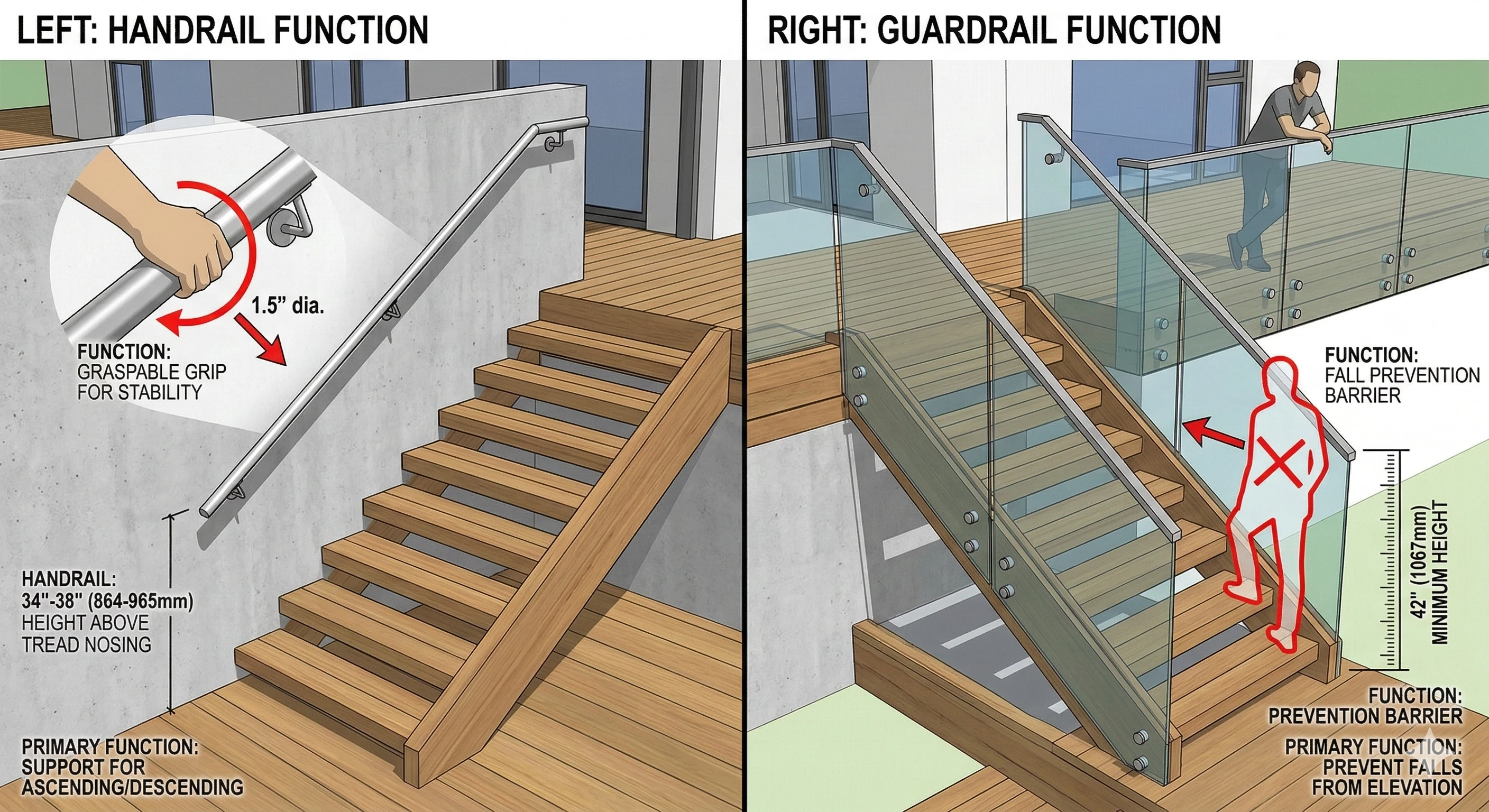 Technical diagram of glass railing and handrail safety height requirements
