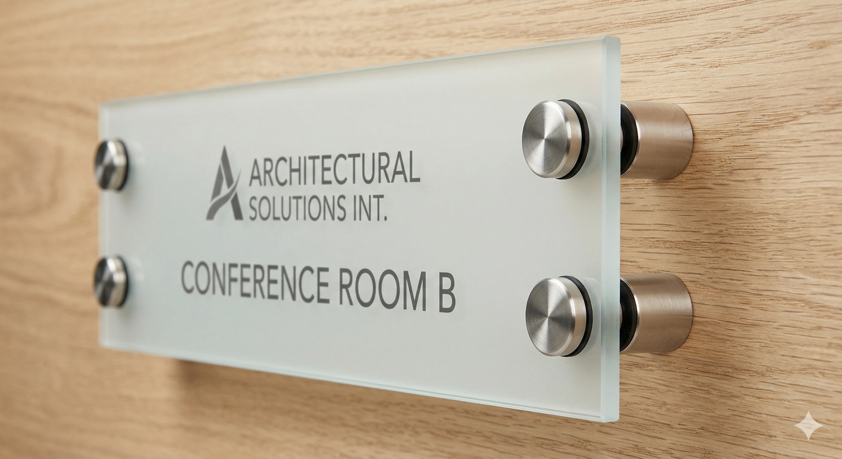 Frosted glass conference room sign mounted with stainless steel standoffs on wood wall.