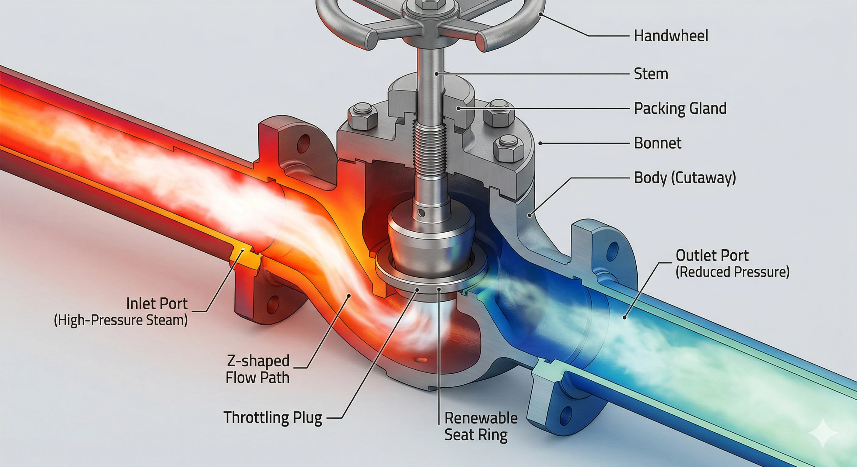 Cutaway diagram of industrial globe valve showing internal steam flow path.