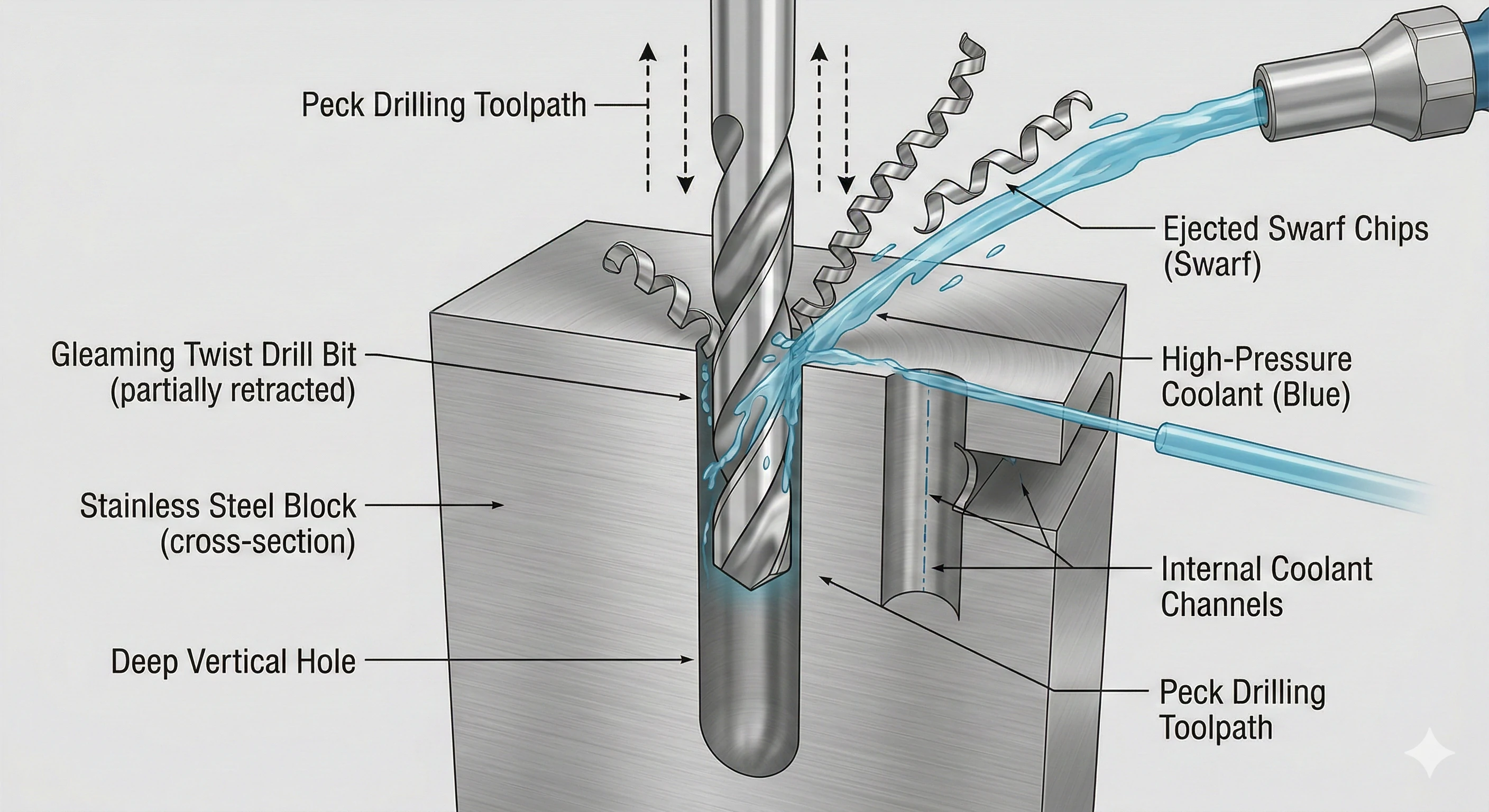 Technical diagram of peck drilling process for OEM stainless steel hardware.