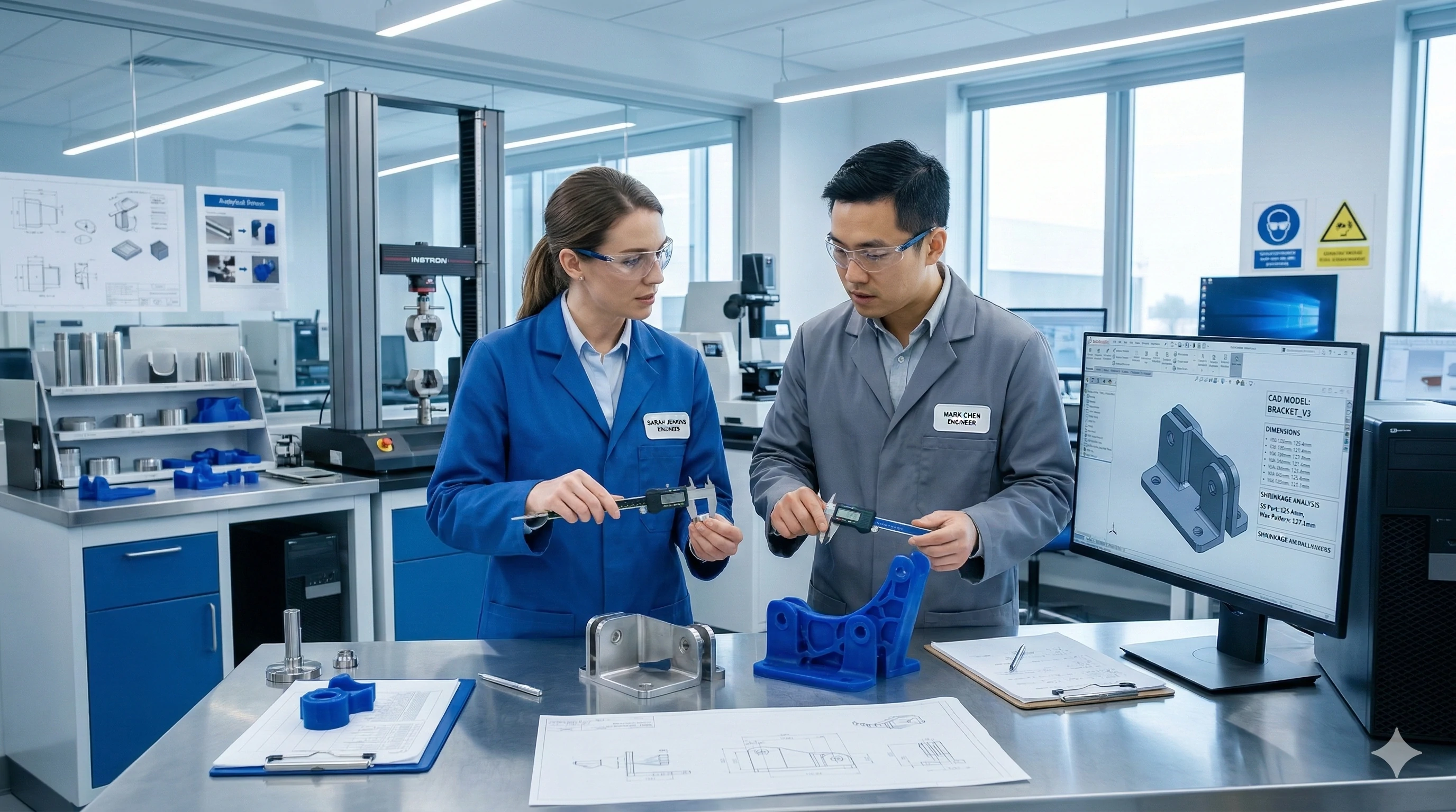 Collaborative engineering team designing custom glass hardware using advanced CAD software