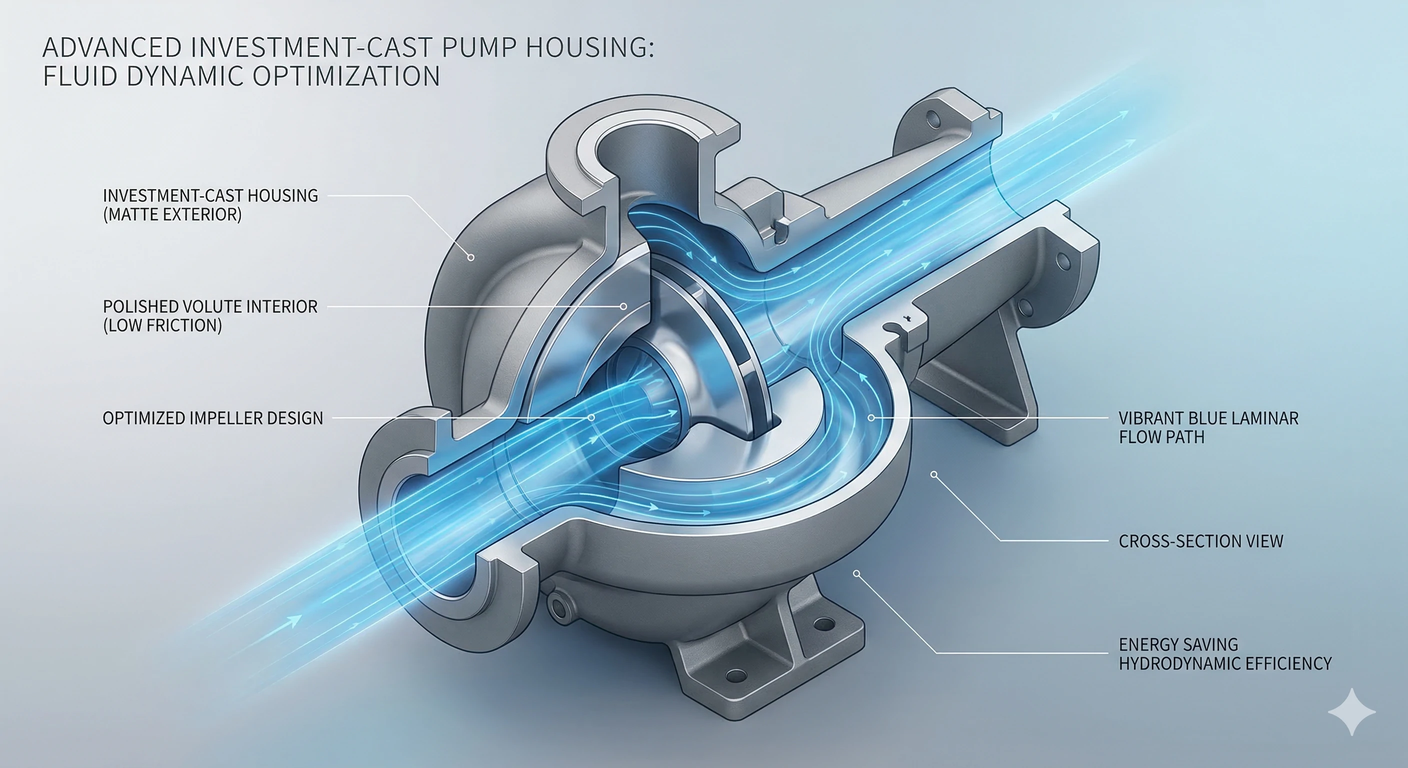 3D diagram showing fluid dynamics in advanced investment-cast hardware housing.
