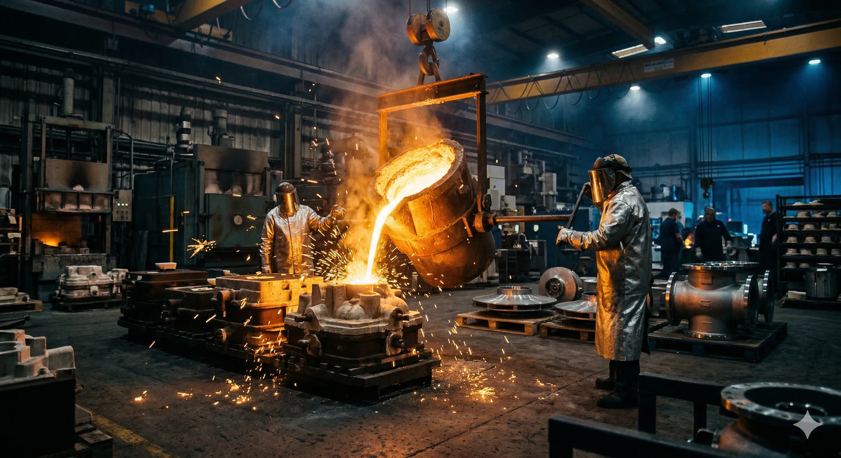 Workers pouring molten metal in foundry for durable OEM hardware manufacturing.