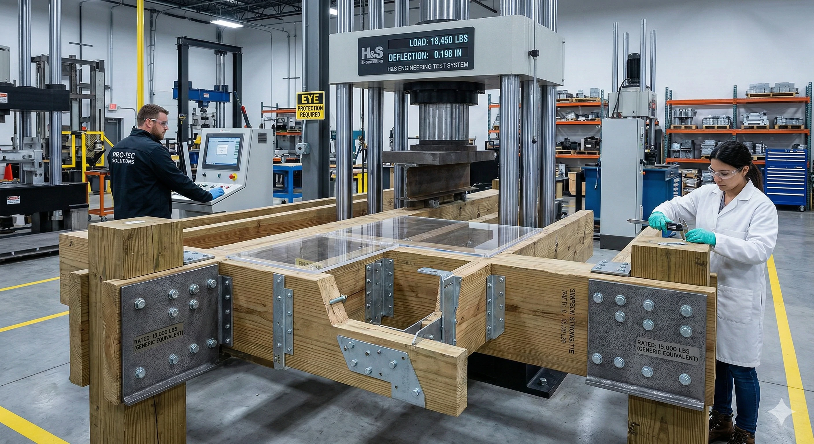 Engineers conducting rigorous load testing on structural hardware to ensure durability