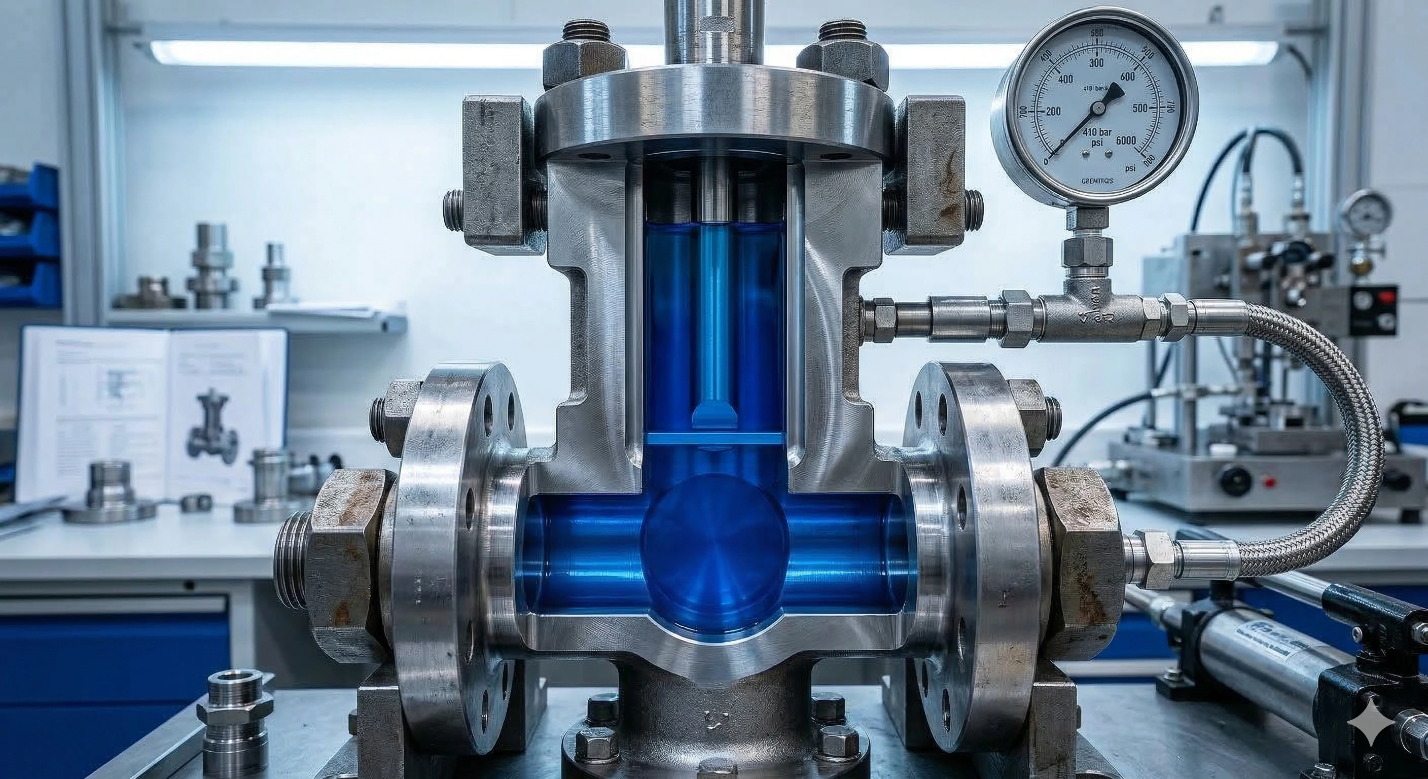 Industrial valve cutaway showing internal fluid engineering and pressure testing.