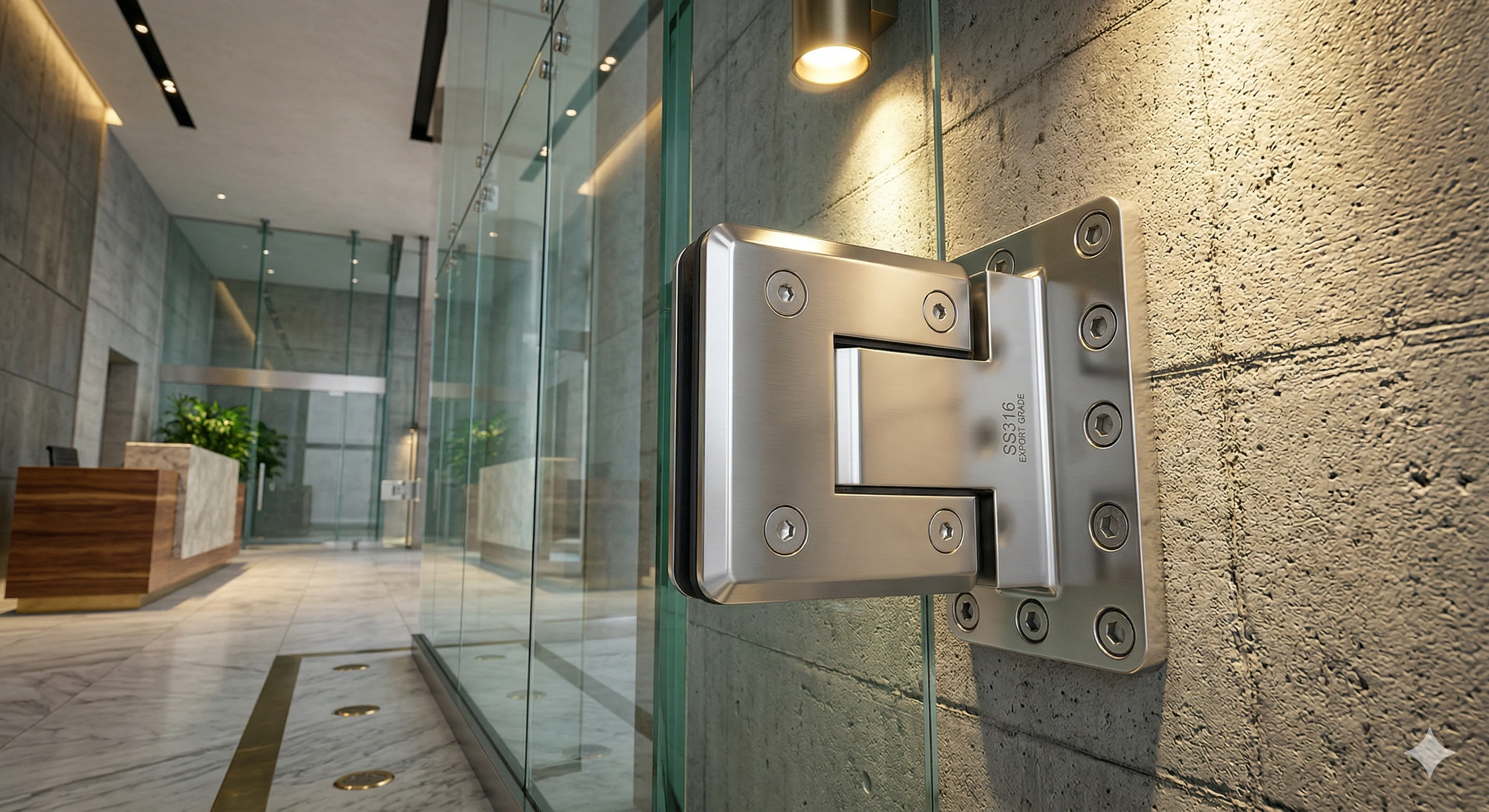 Heavy duty SS316 stainless steel glass door hinge on concrete wall