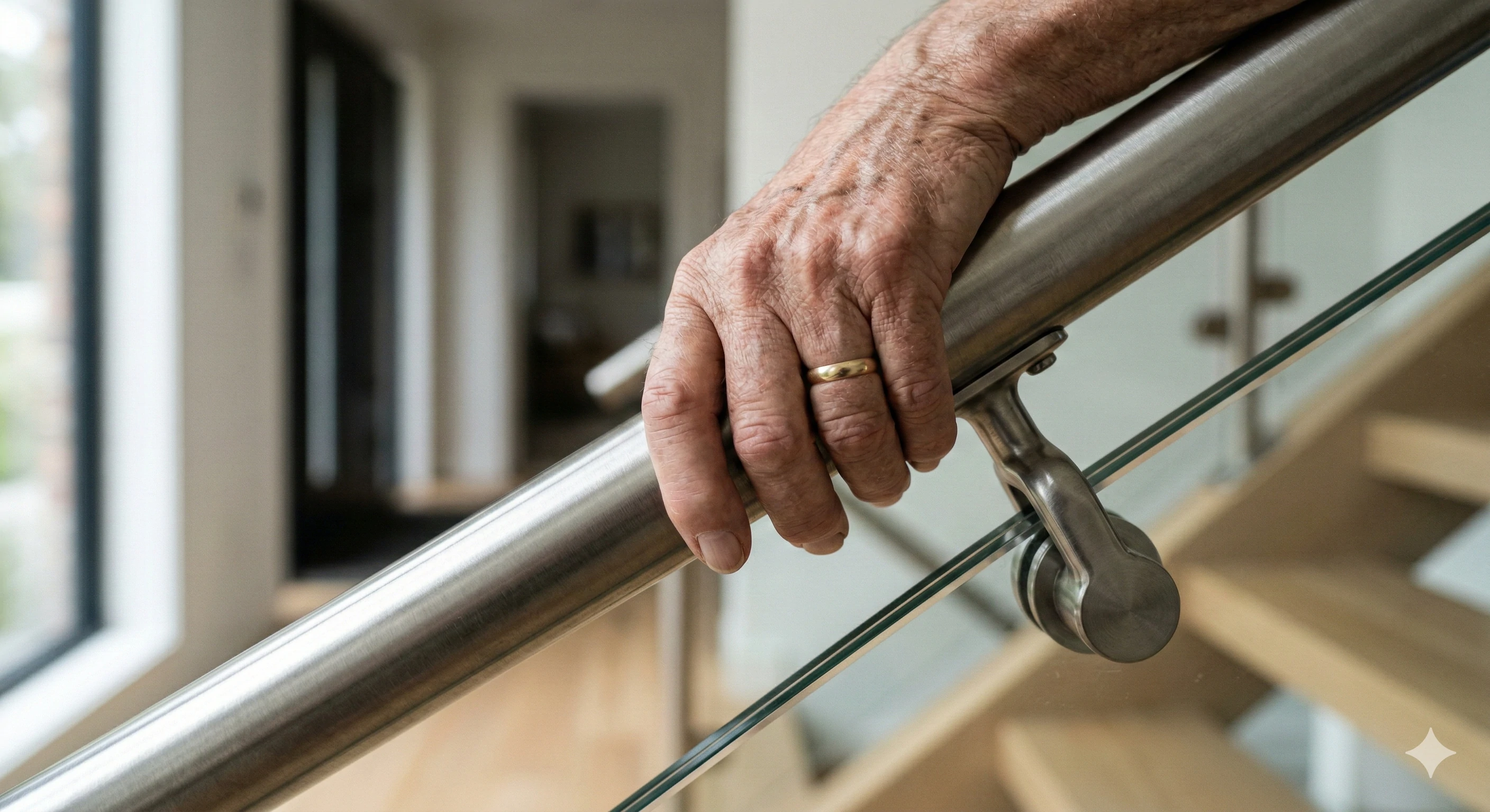 Close-up of hand gripping heavy-duty stainless steel handrail on glass