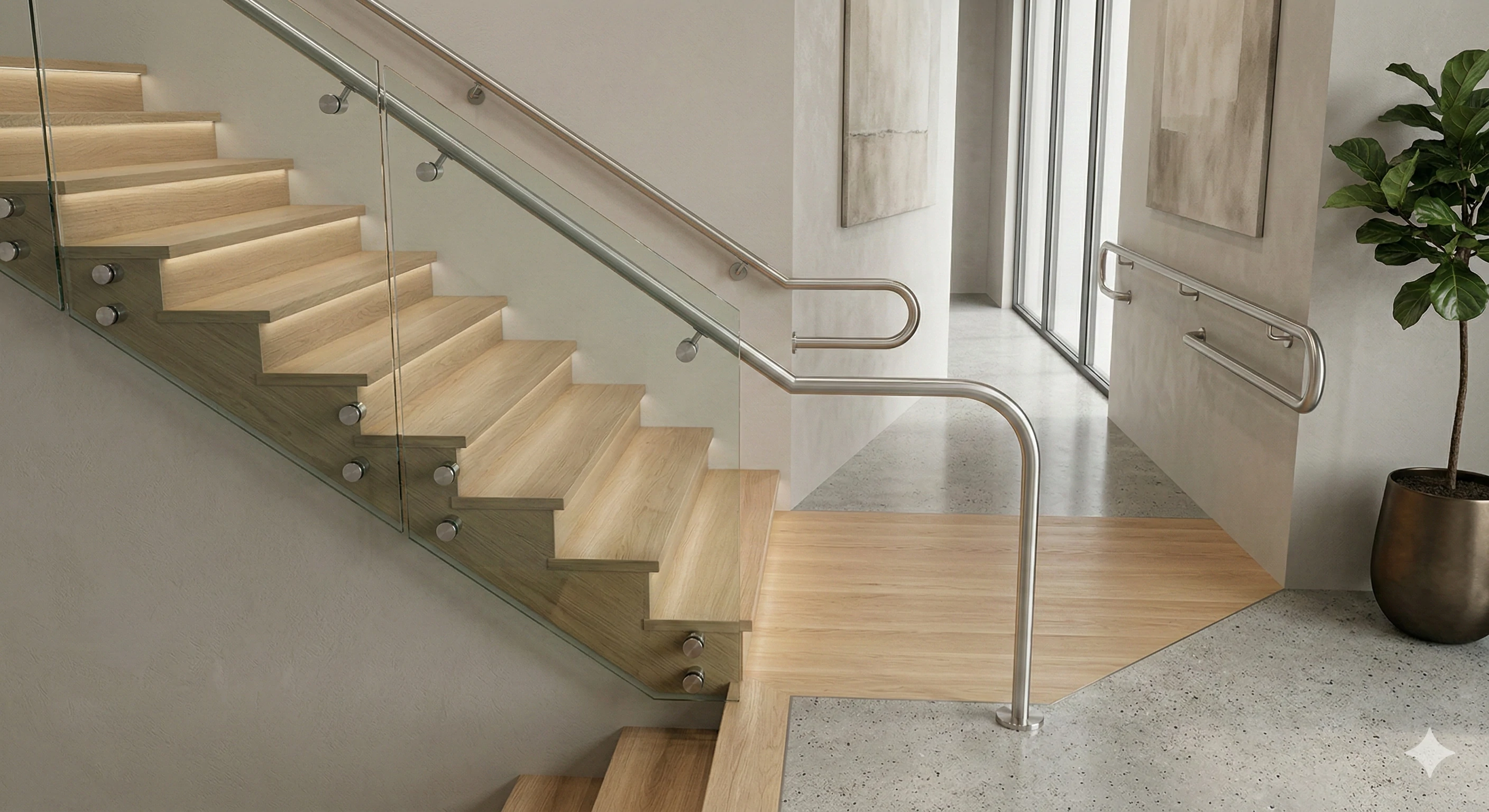 High-end frameless glass stair railing hardware with custom handrail