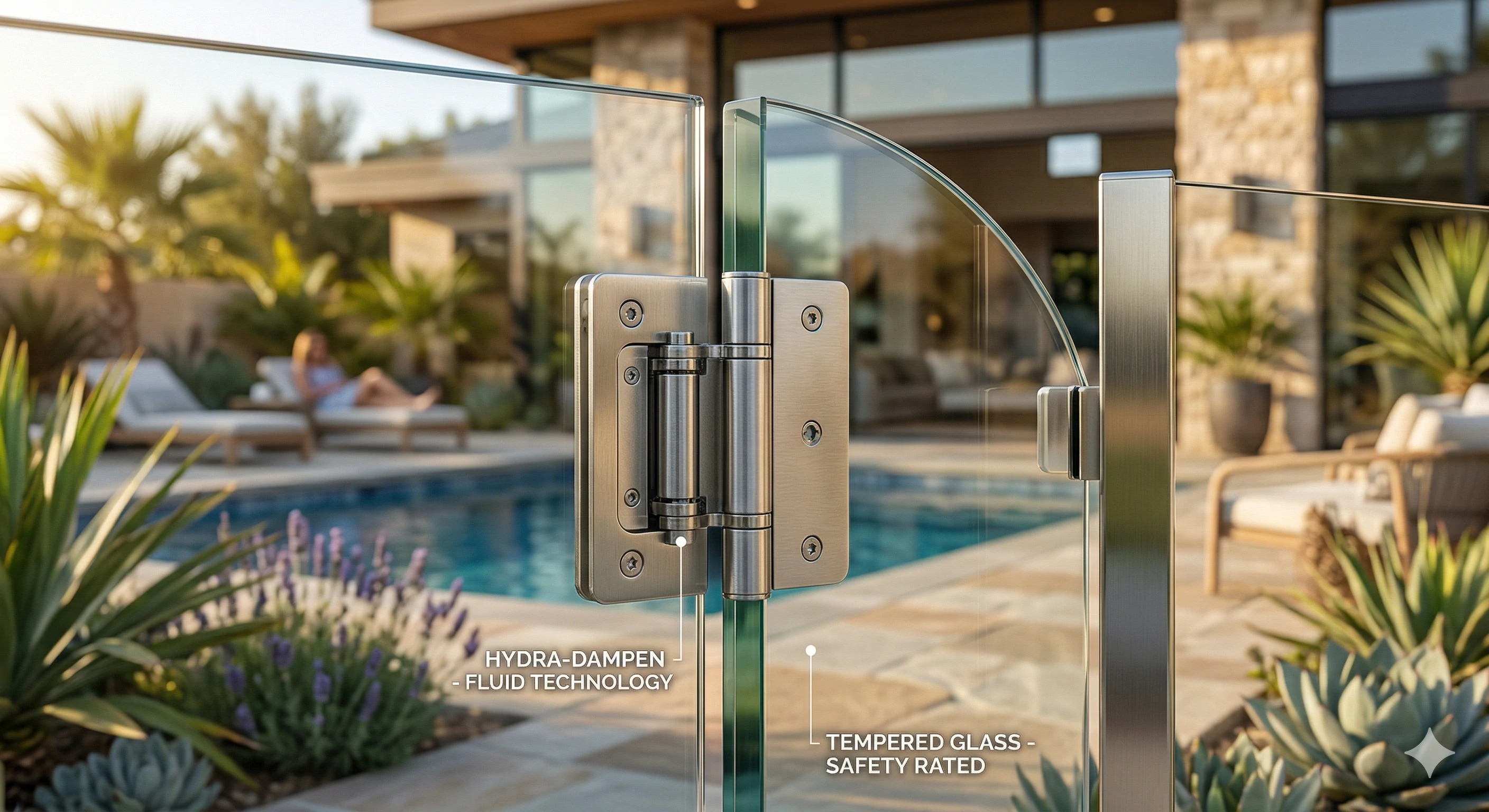 Premium glass pool gate featuring safe hydra-dampen fluid technology hinge.