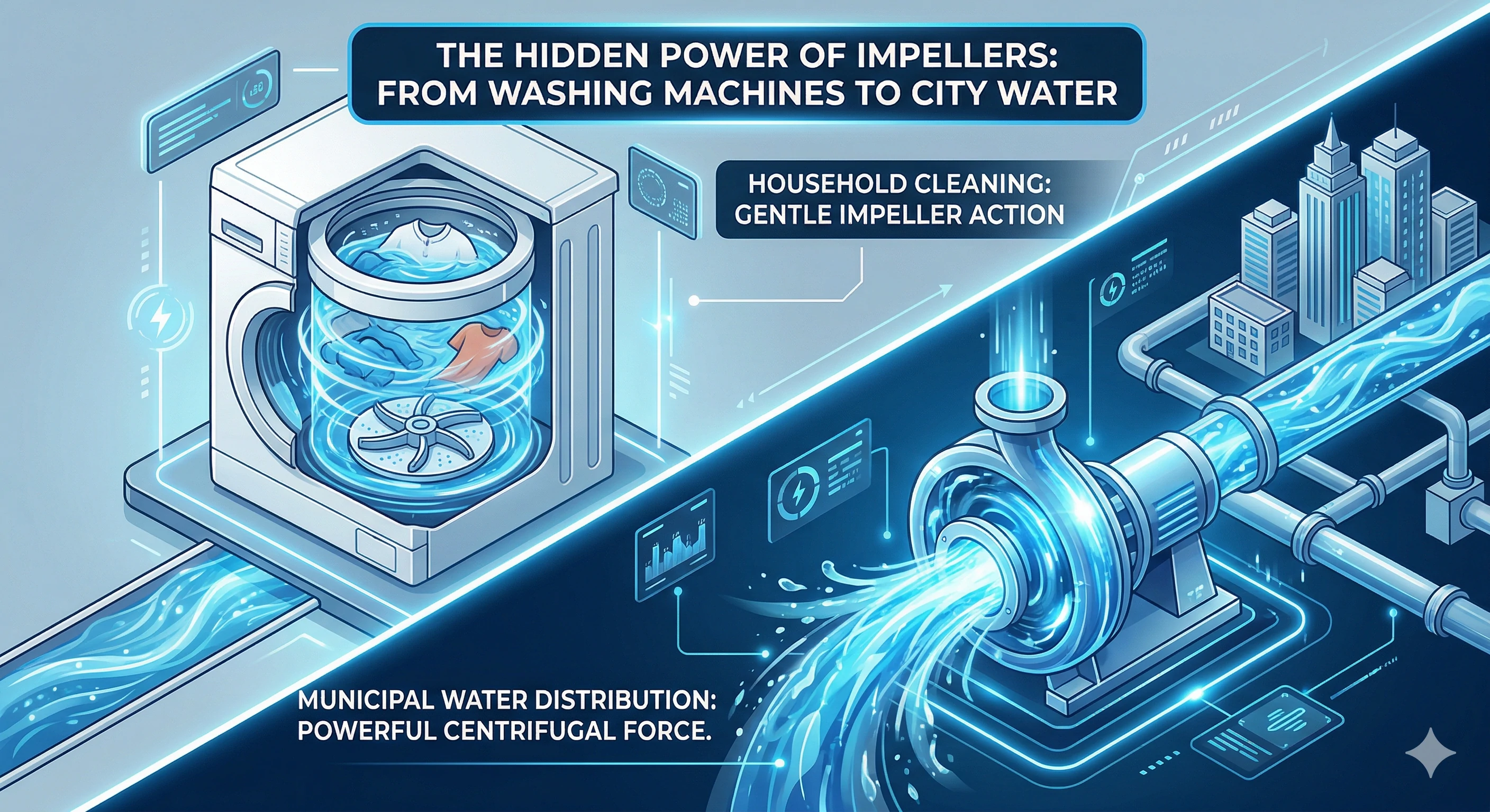 Infographic comparing washing machine and municipal water distribution impellers