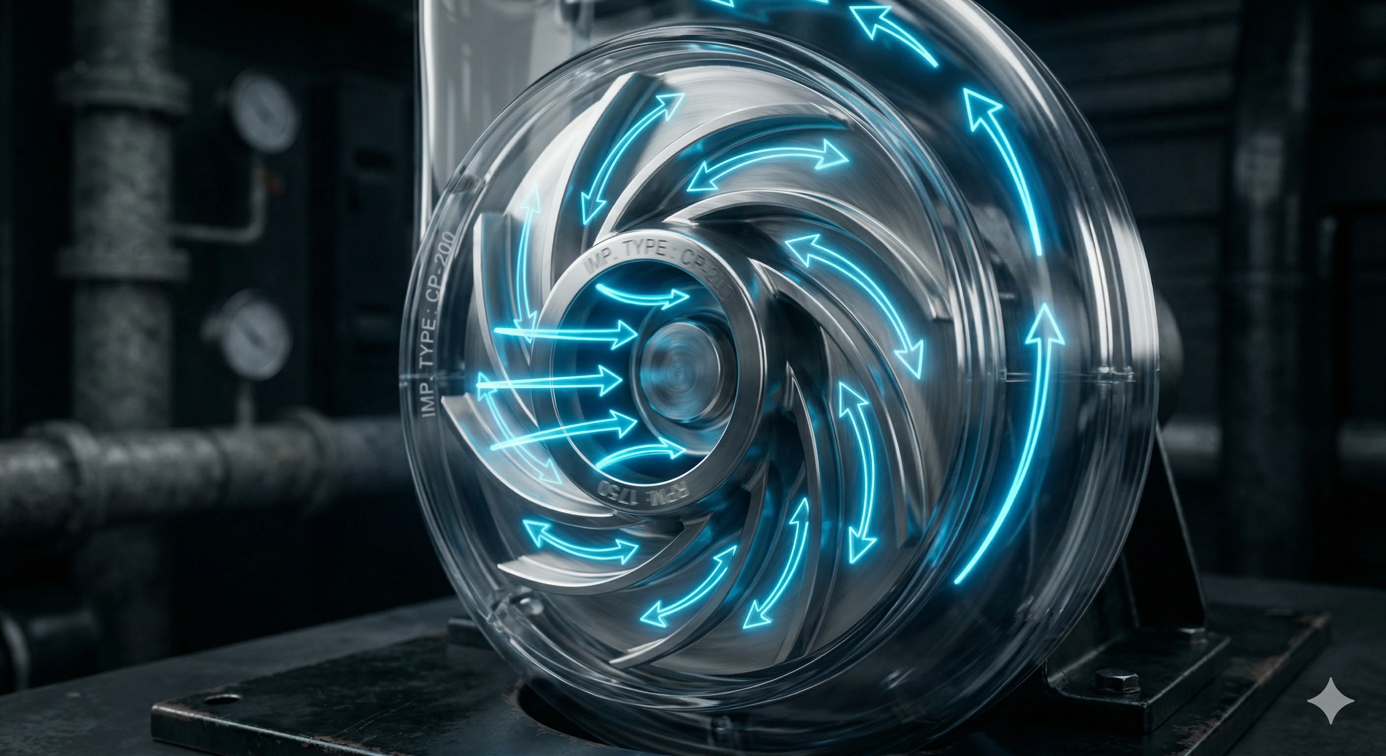 Metal pump impeller with blue arrows showing fluid flow direction