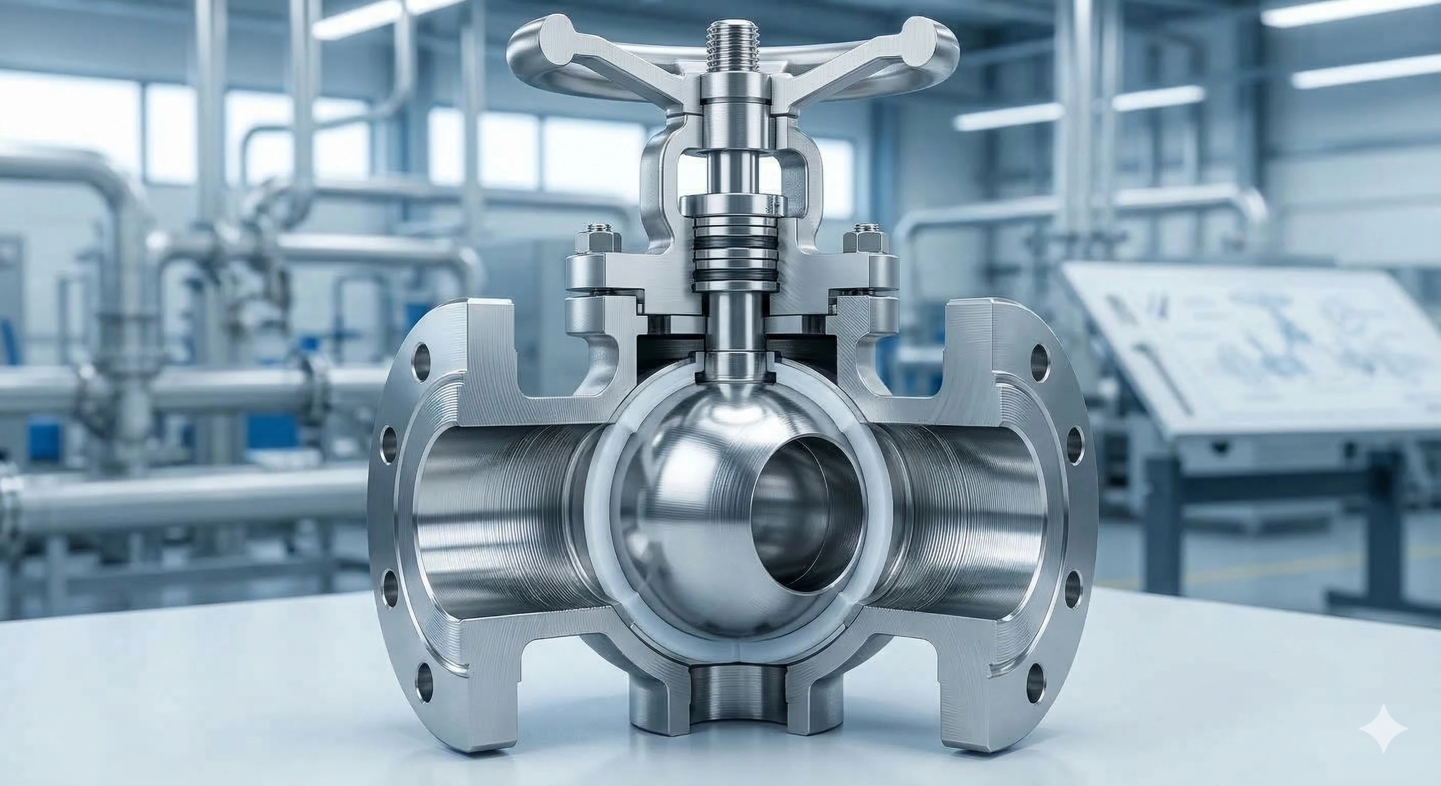 Cross-section cutaway view revealing the internal structure of an industrial ball valve