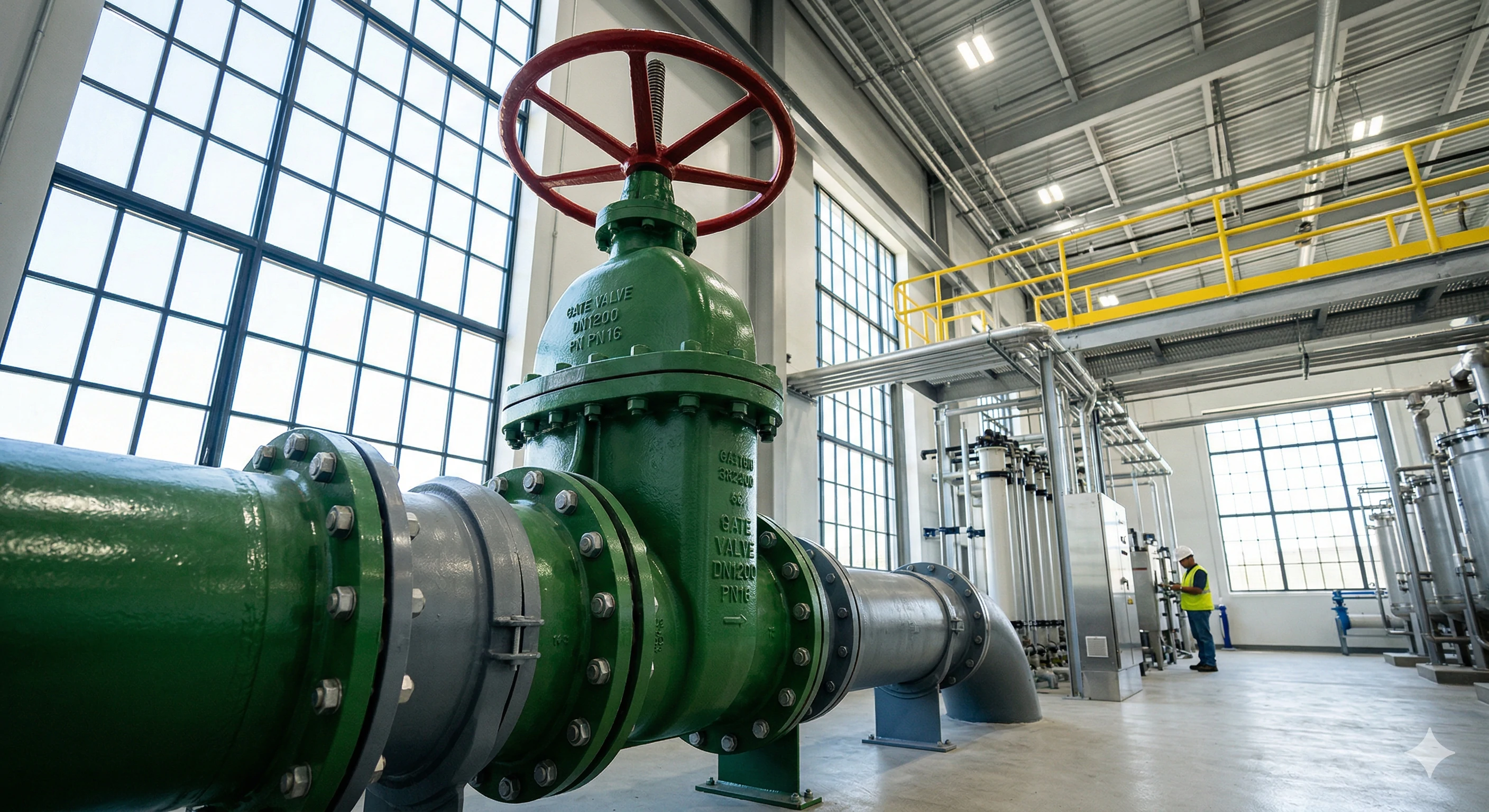 Large green industrial gate valve in factory pipeline system.