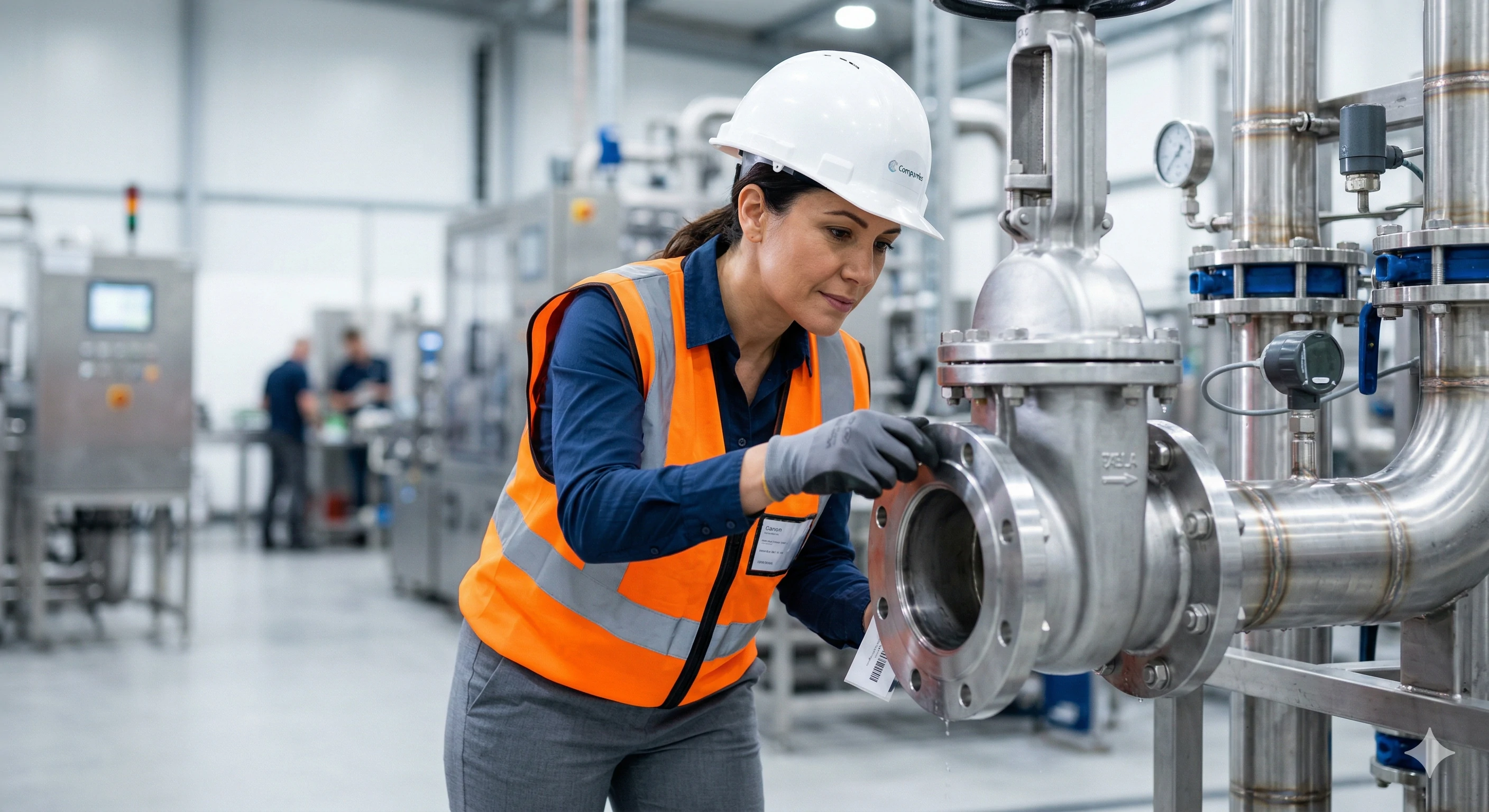 Female engineer inspecting a stainless steel flanged valve in an industrial plant setting