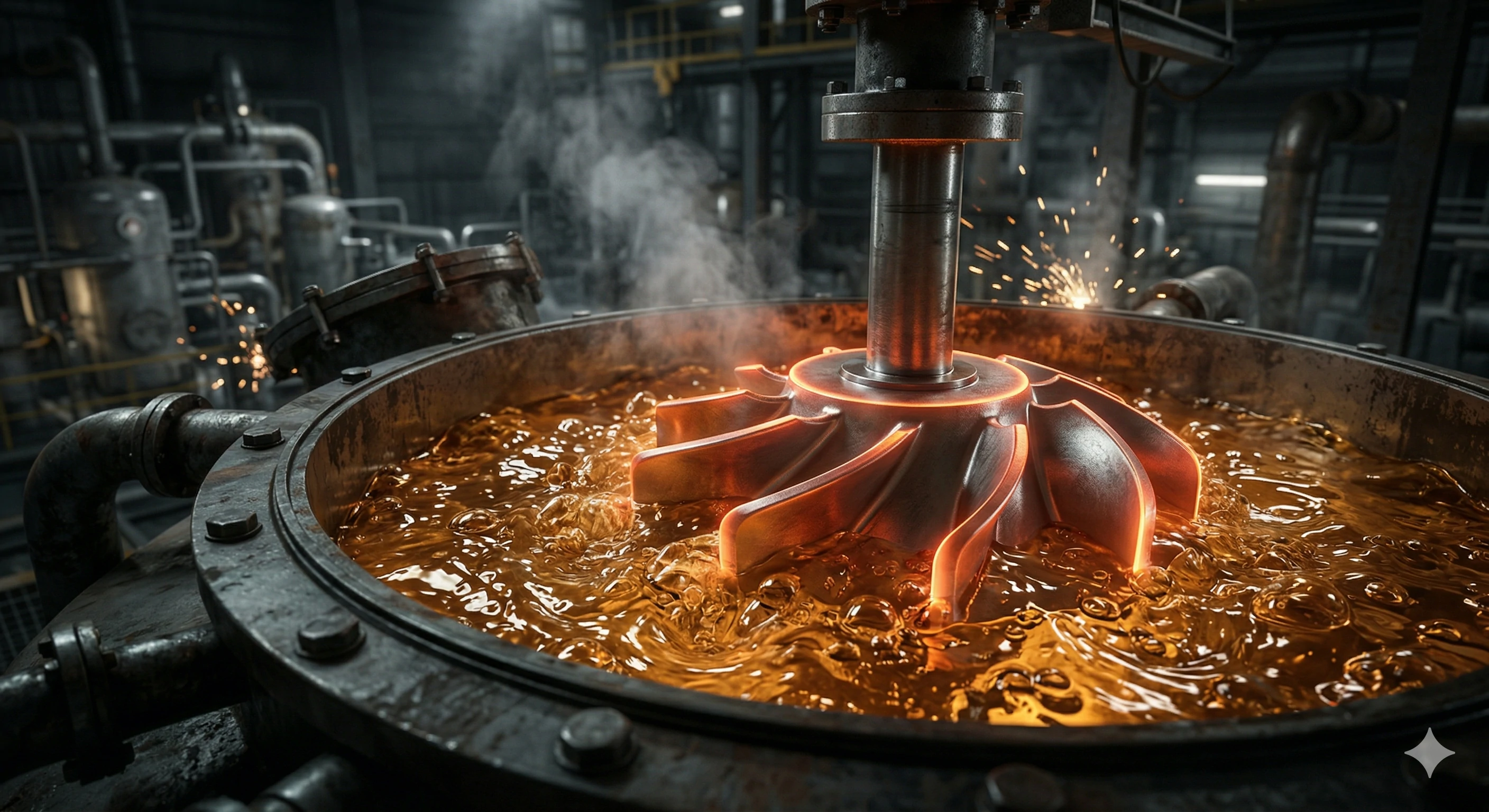 Industrial pump impeller mixing hot glowing liquid in a tank