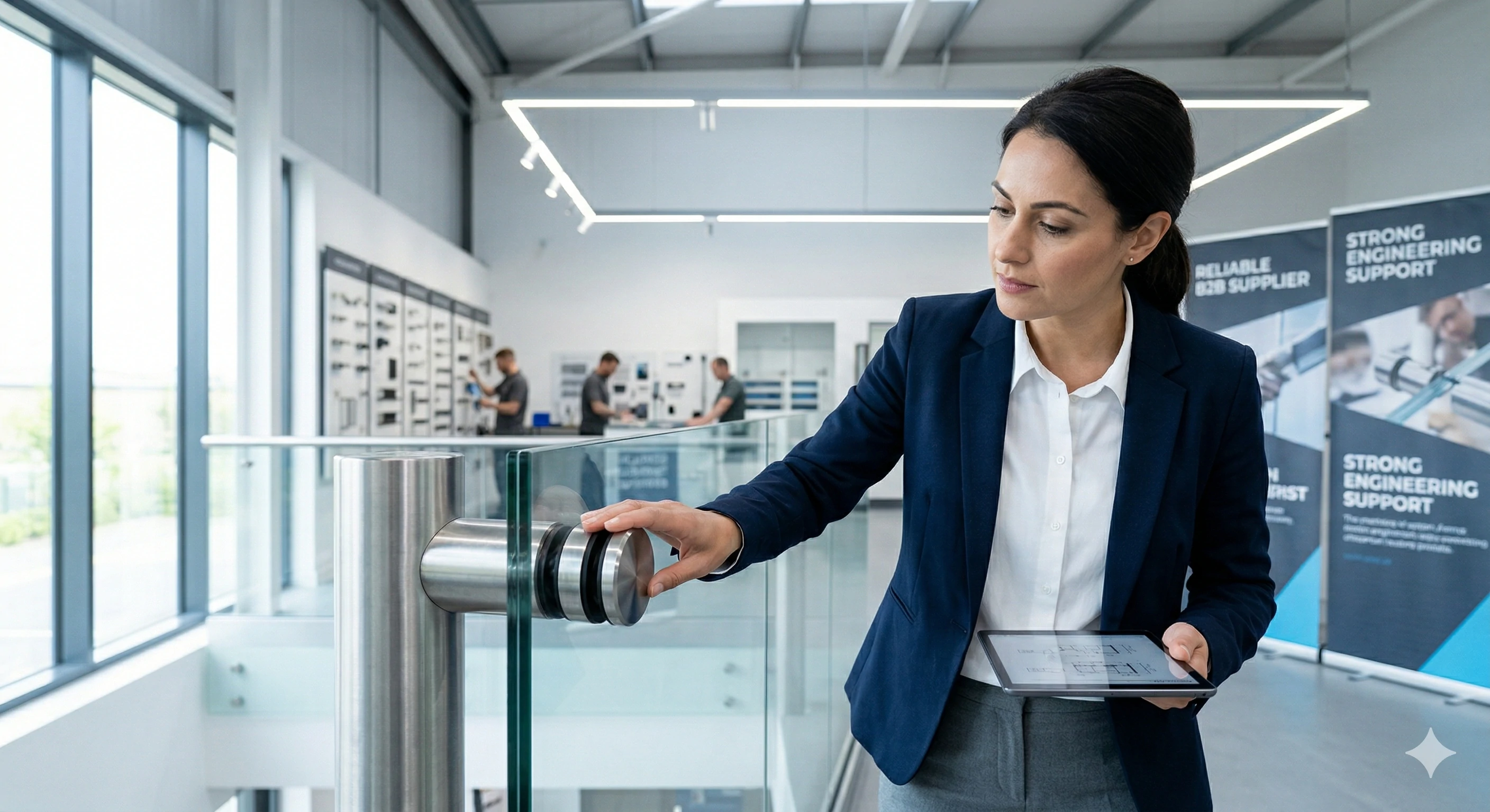 Professional inspecting a stainless steel glass balustrade standoff in a showroom