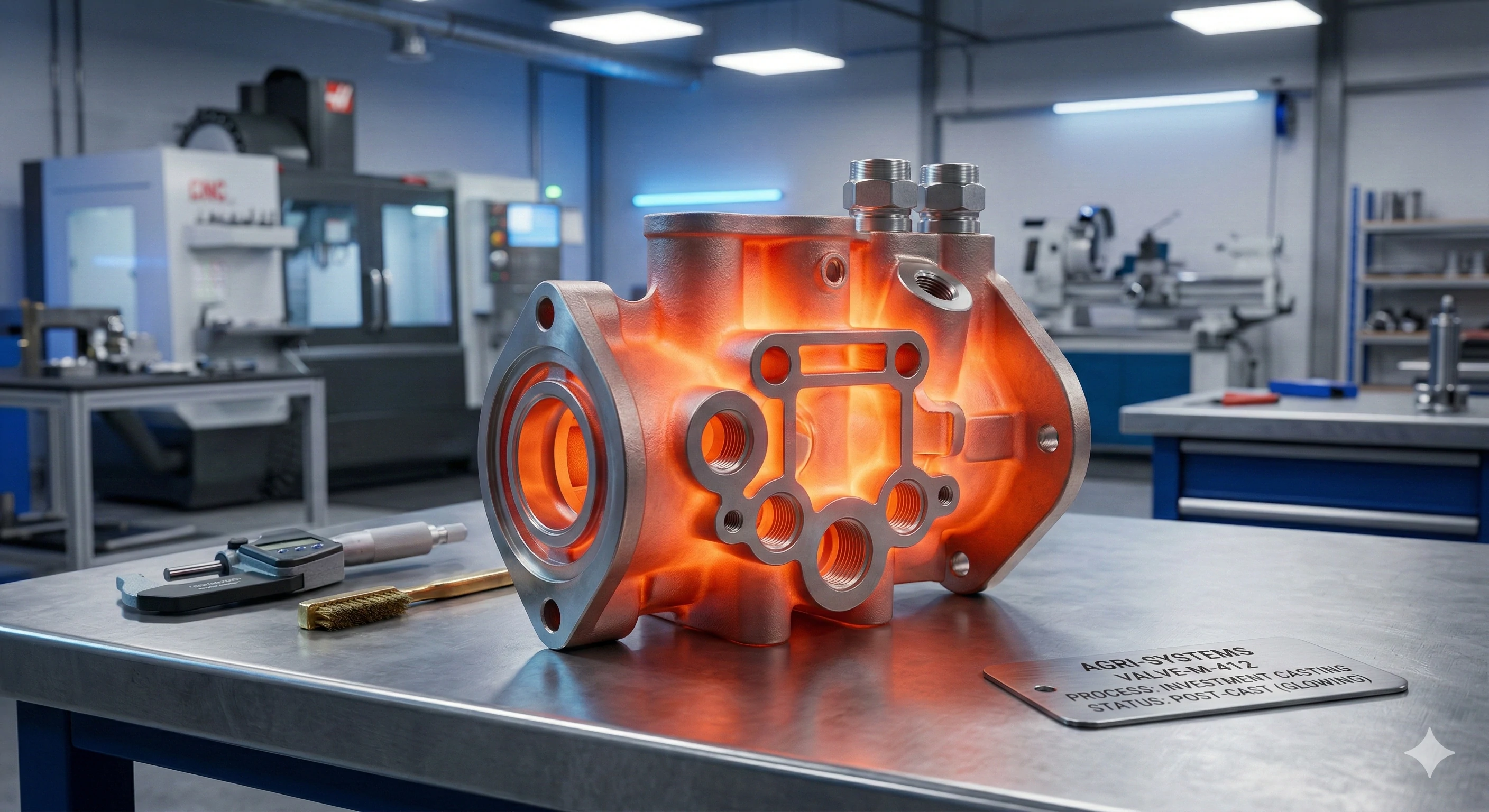Glowing hot investment cast valve component for agricultural systems