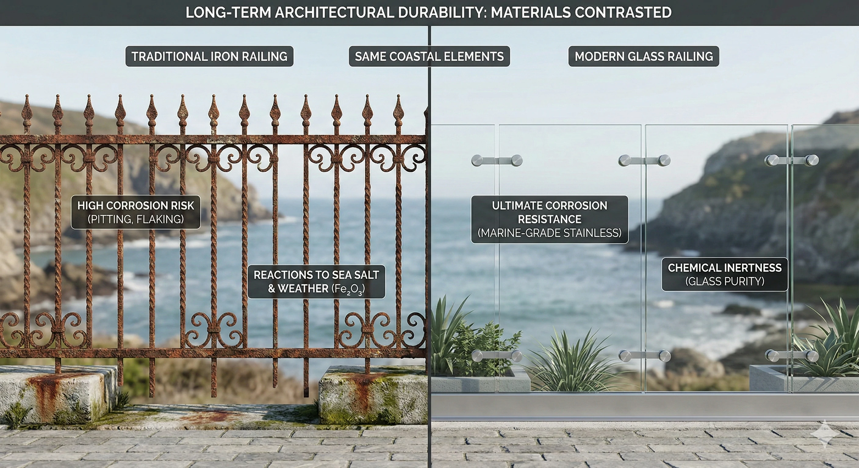 Iron vs marine-grade stainless steel glass railing corrosion resistance comparison