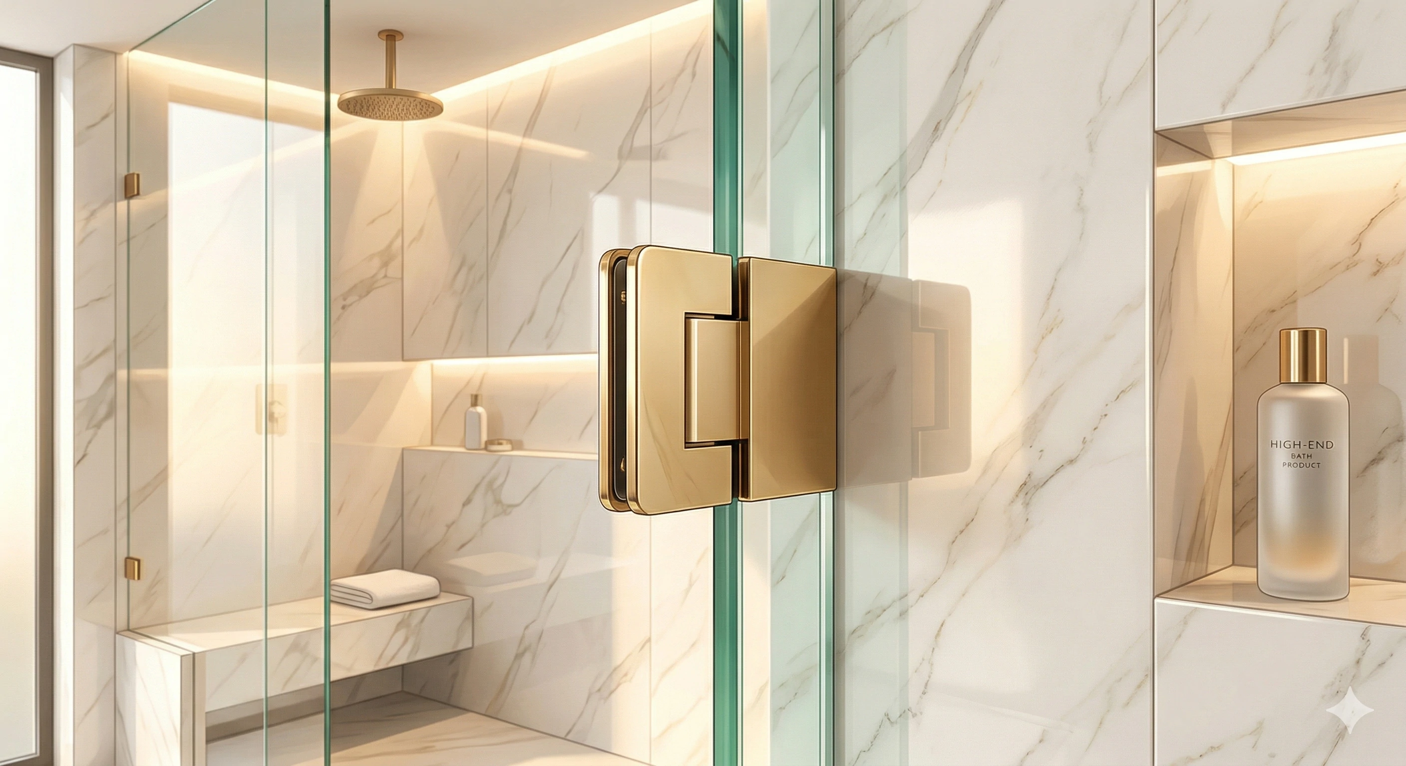 High-end gold finish glass shower hinge in a luxury marble bathroom