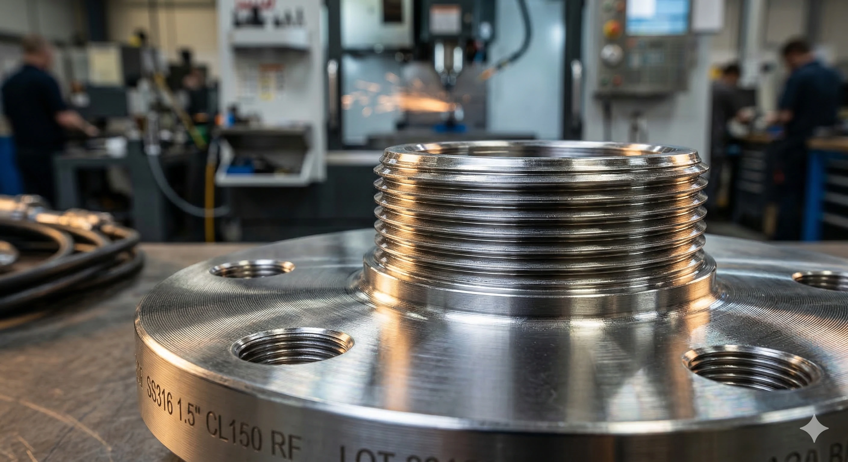 Close-up of a machined SS316 industrial flange fitting in a factory.
