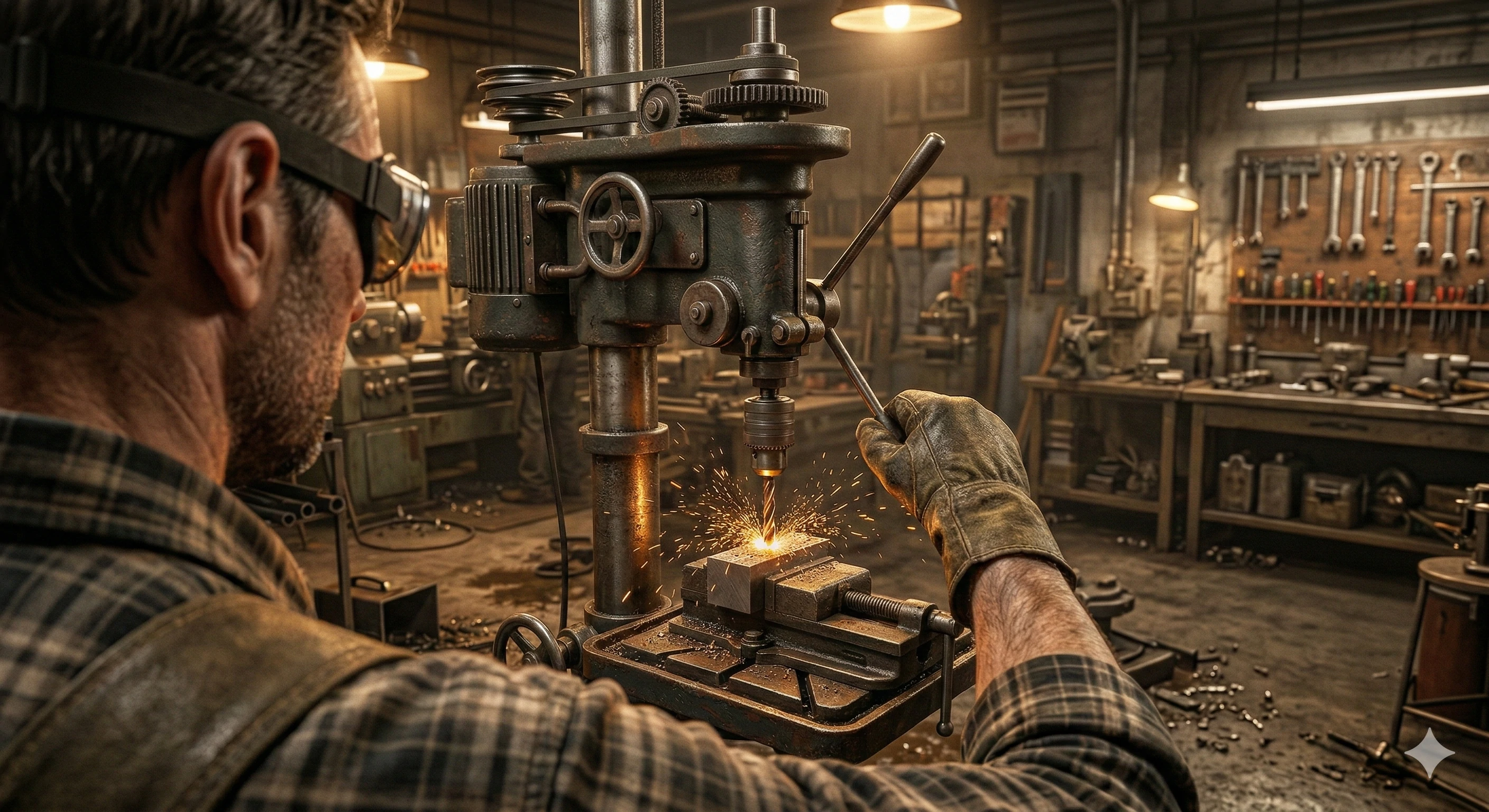 Worker manually drilling metal parts for glass hardware manufacturing