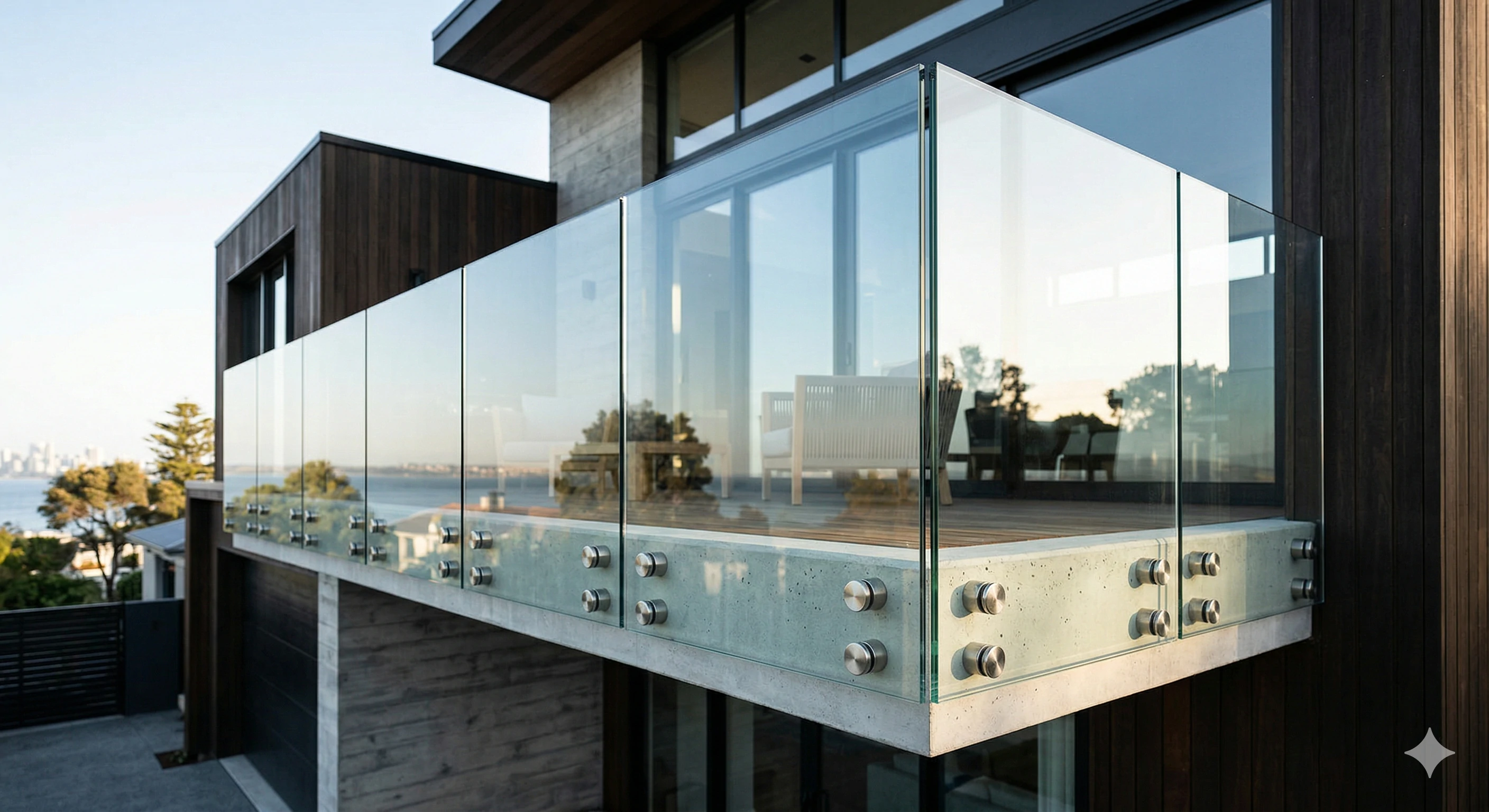 Modern balcony featuring frameless glass railing with stainless steel standoffs
