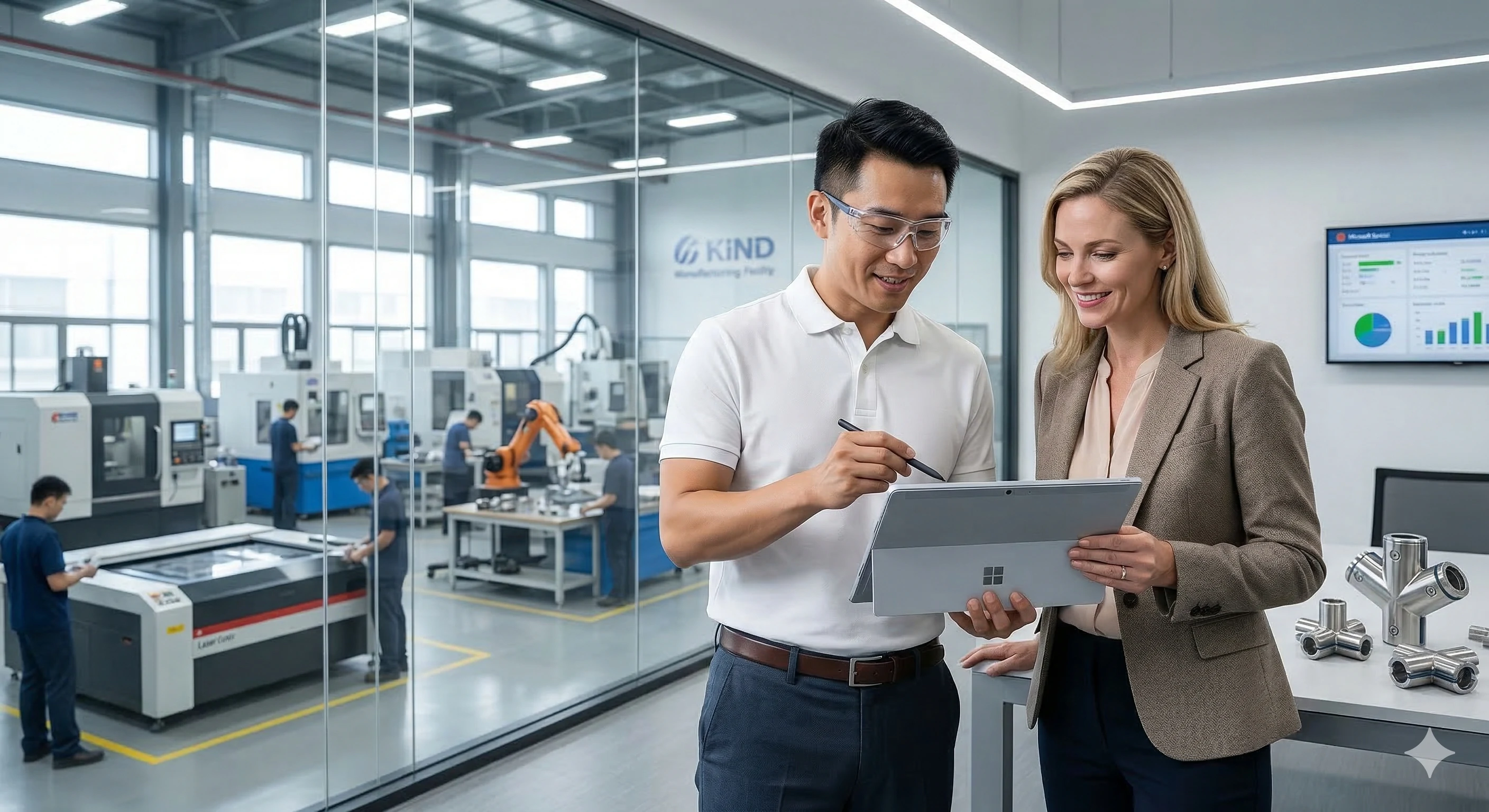 Professionals reviewing data on a tablet in a modern manufacturing facility.