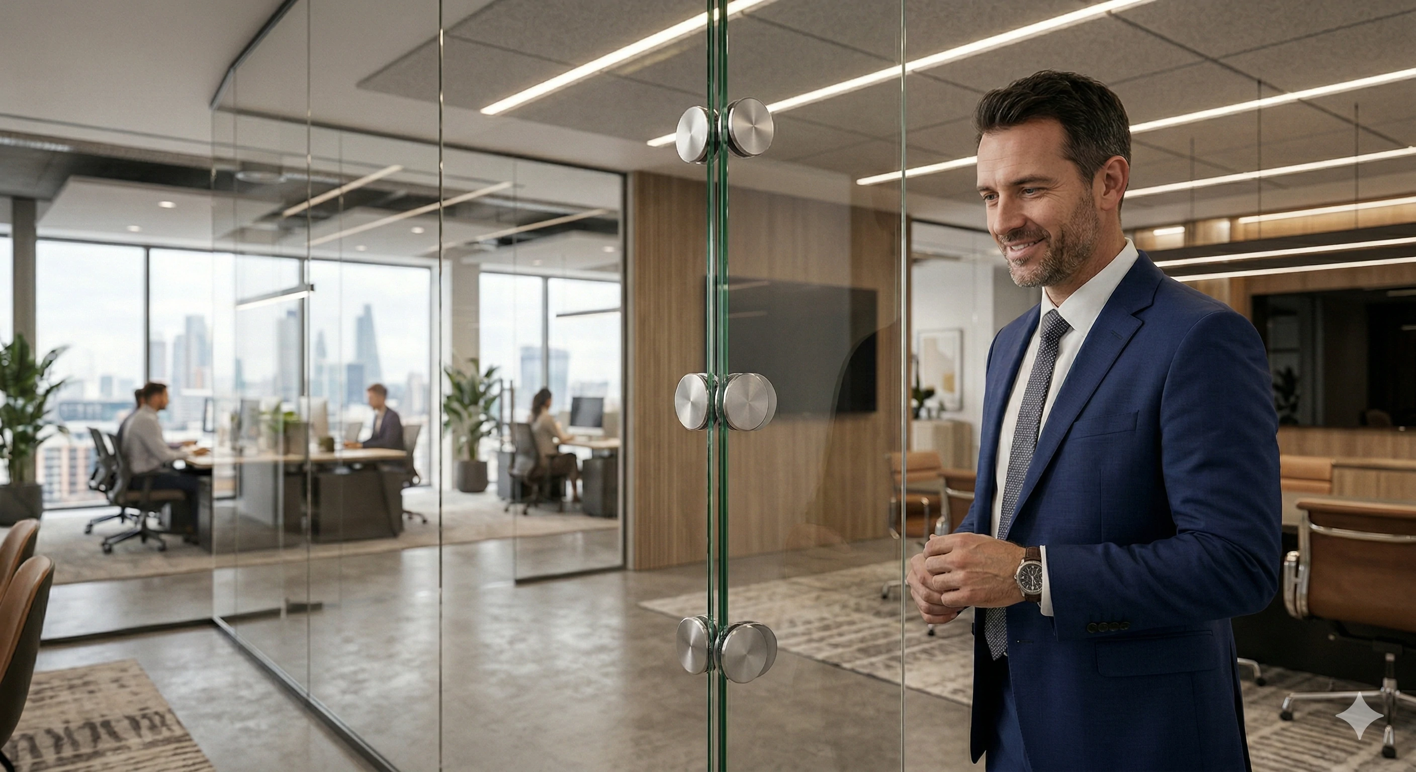 Stainless steel glass hardware securing modern office partitions for professional environments