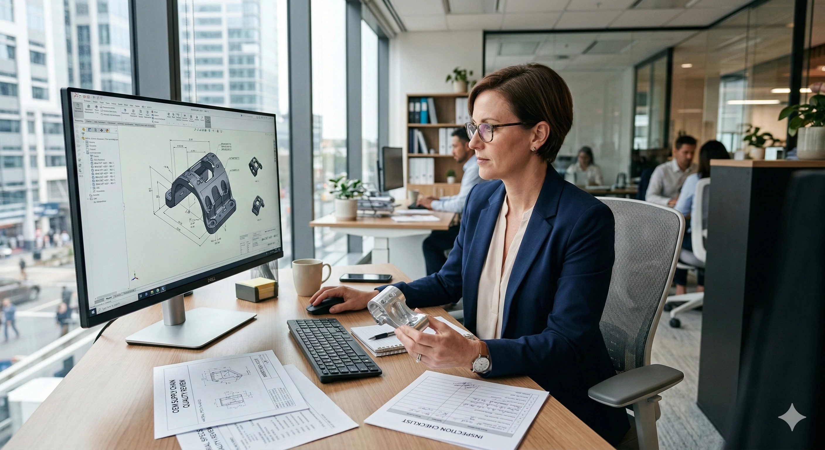 Procurement manager reviewing OEM glass hardware CAD designs