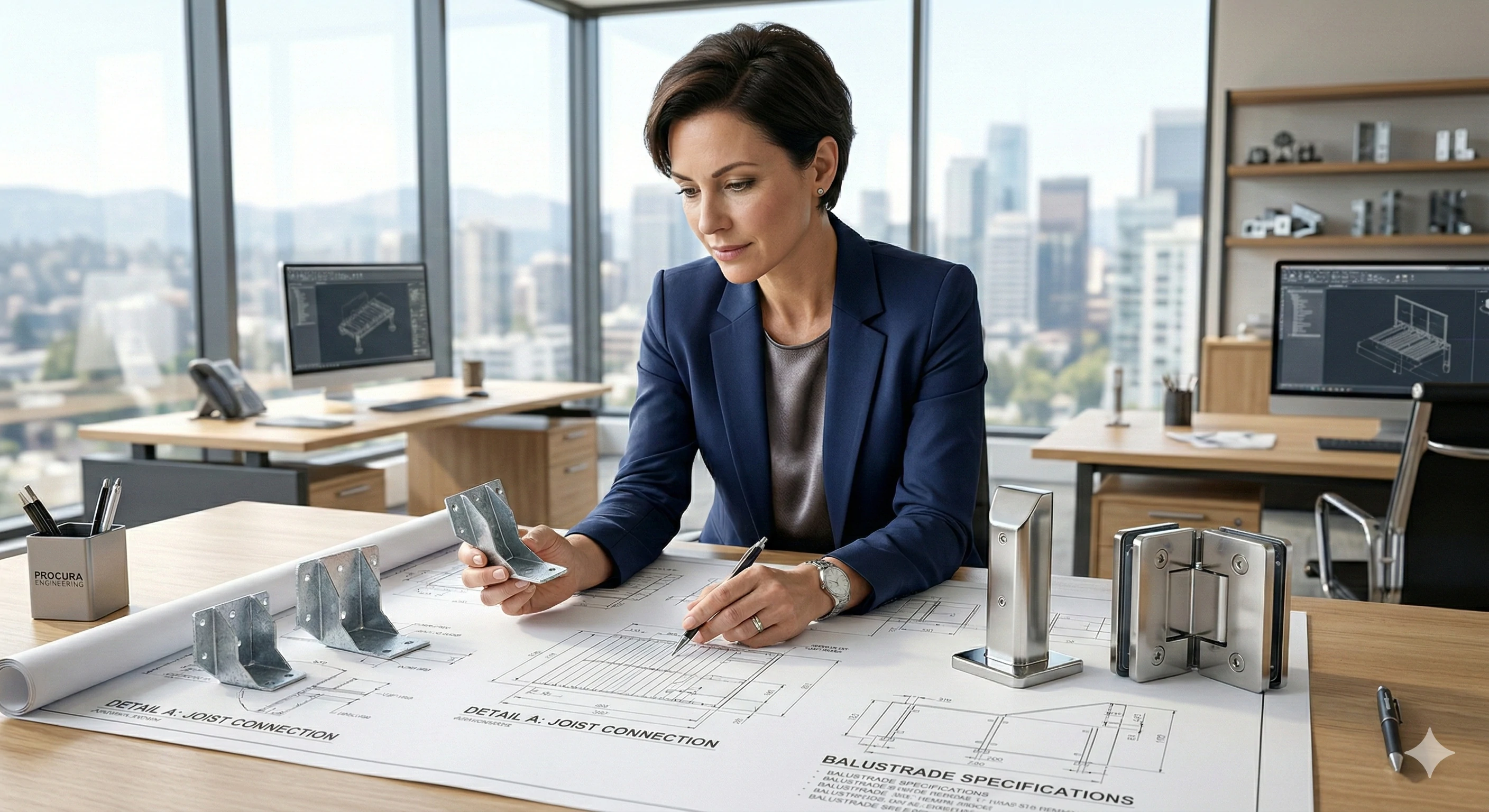 Procurement manager inspecting high-quality glass hardware and spigots over blueprints