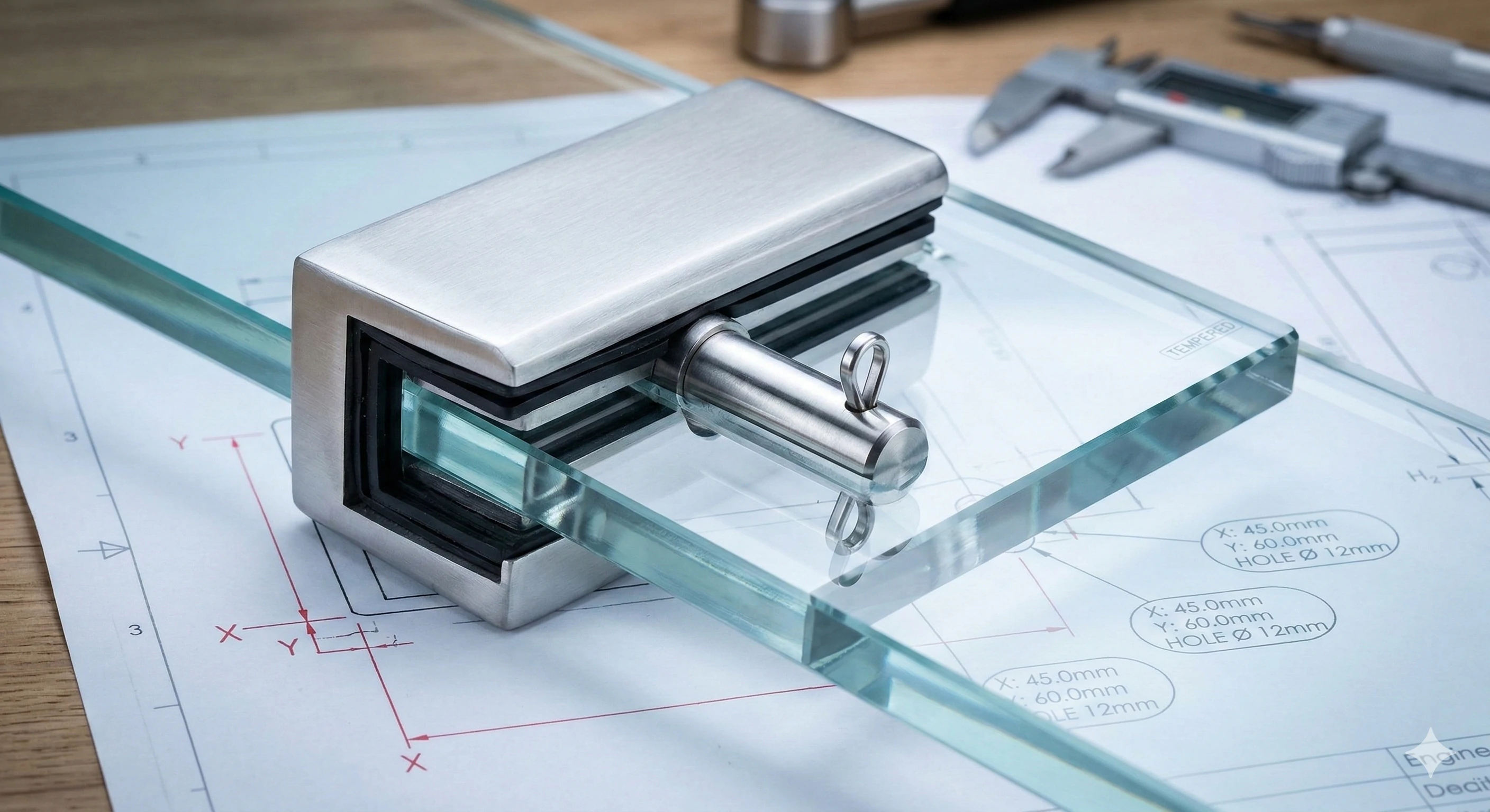 OEM stainless steel glass railing fitting on engineering blueprint.