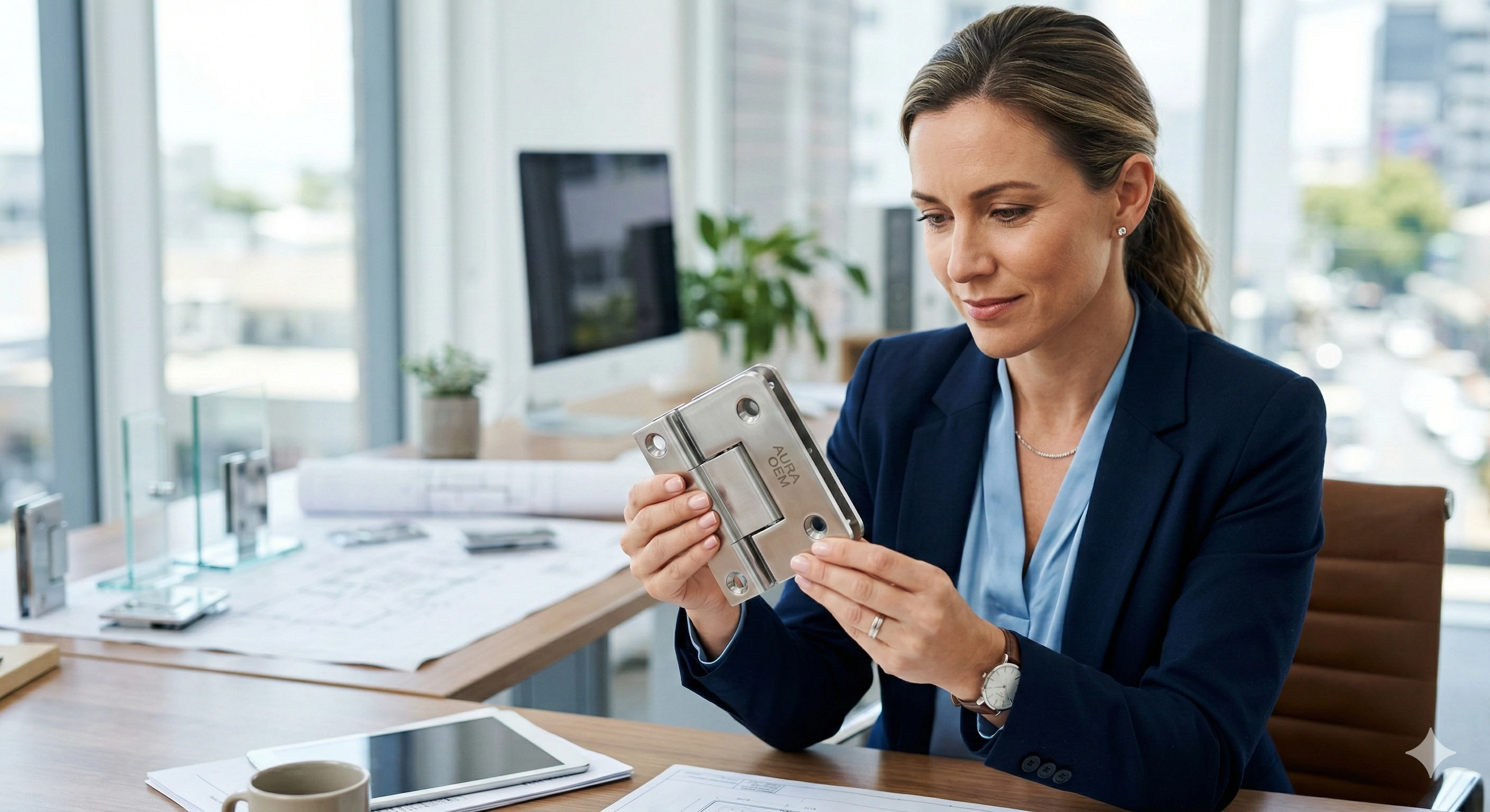 Procurement manager inspecting a premium OEM glass shower hinge
