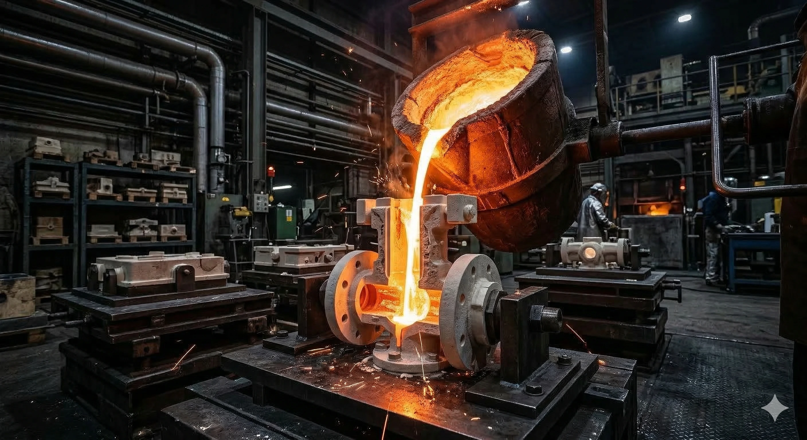 Pouring molten metal into a mold for durable hardware casting.