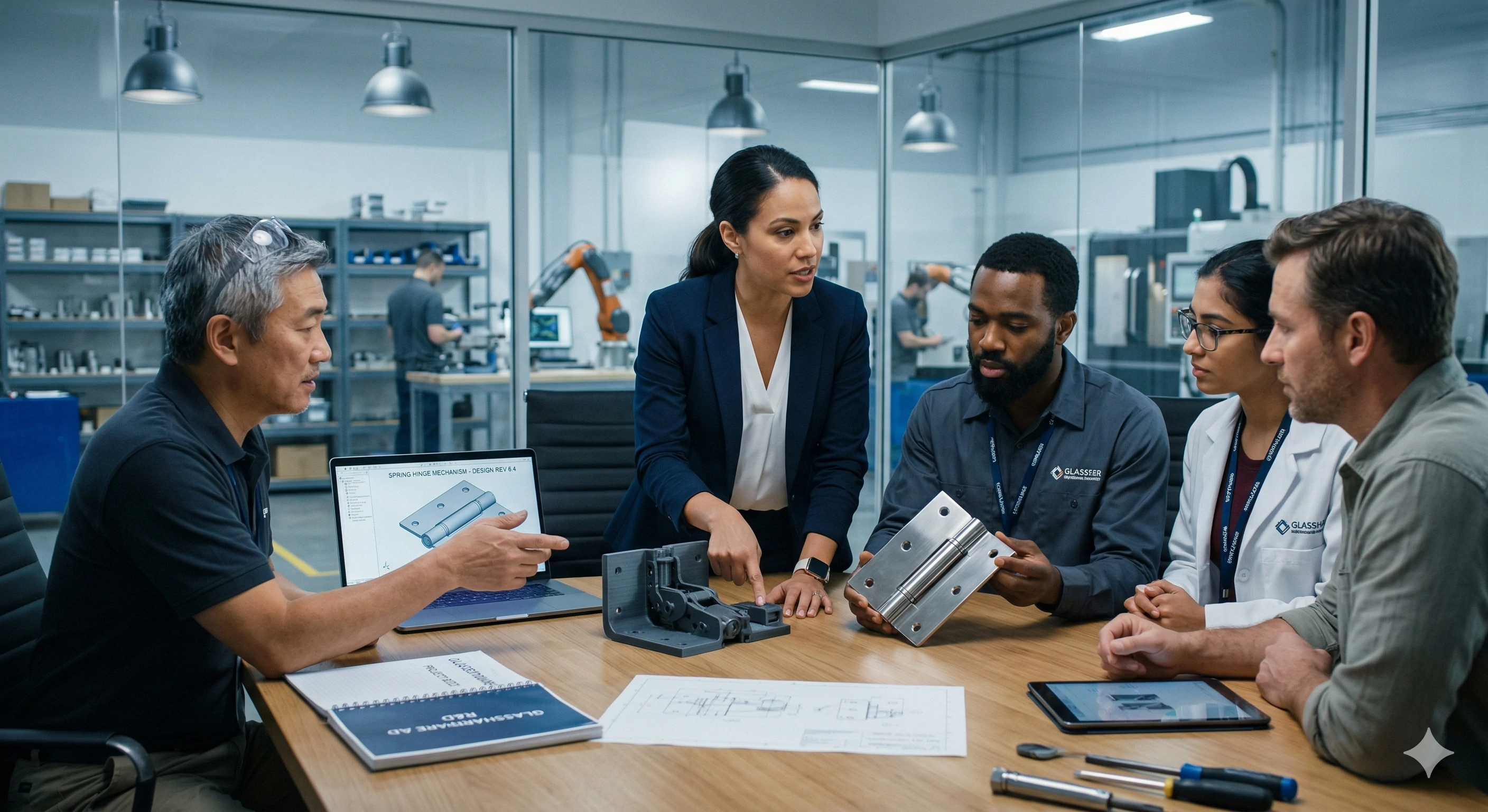 Engineering team collaborating on OEM glass hardware design and development