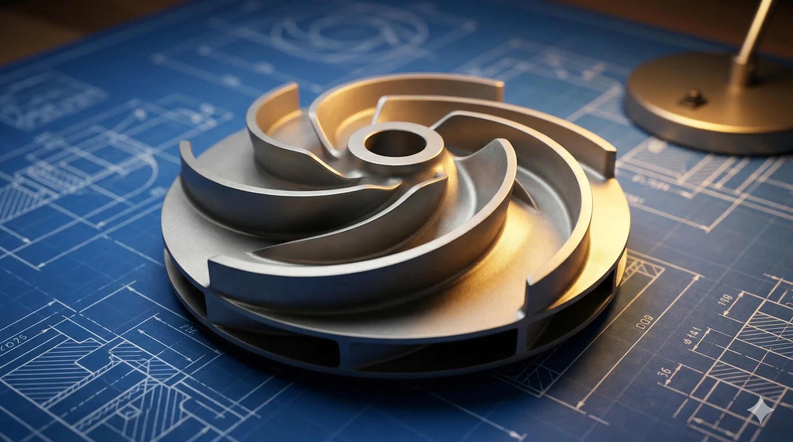 Precision metal impeller on blueprint highlighting OEM engineering and design capabilities.
