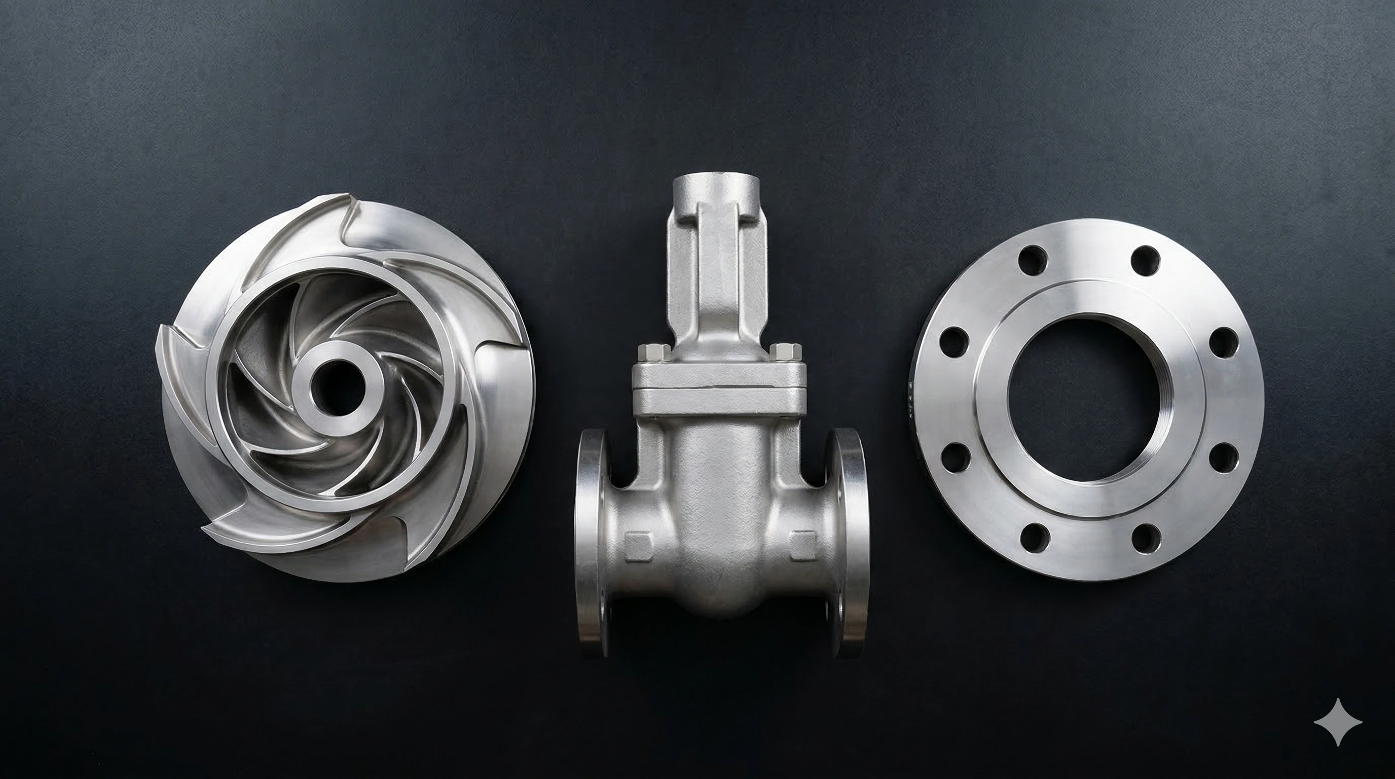 Top view of OEM stainless steel impeller, gate valve, and pipe flange