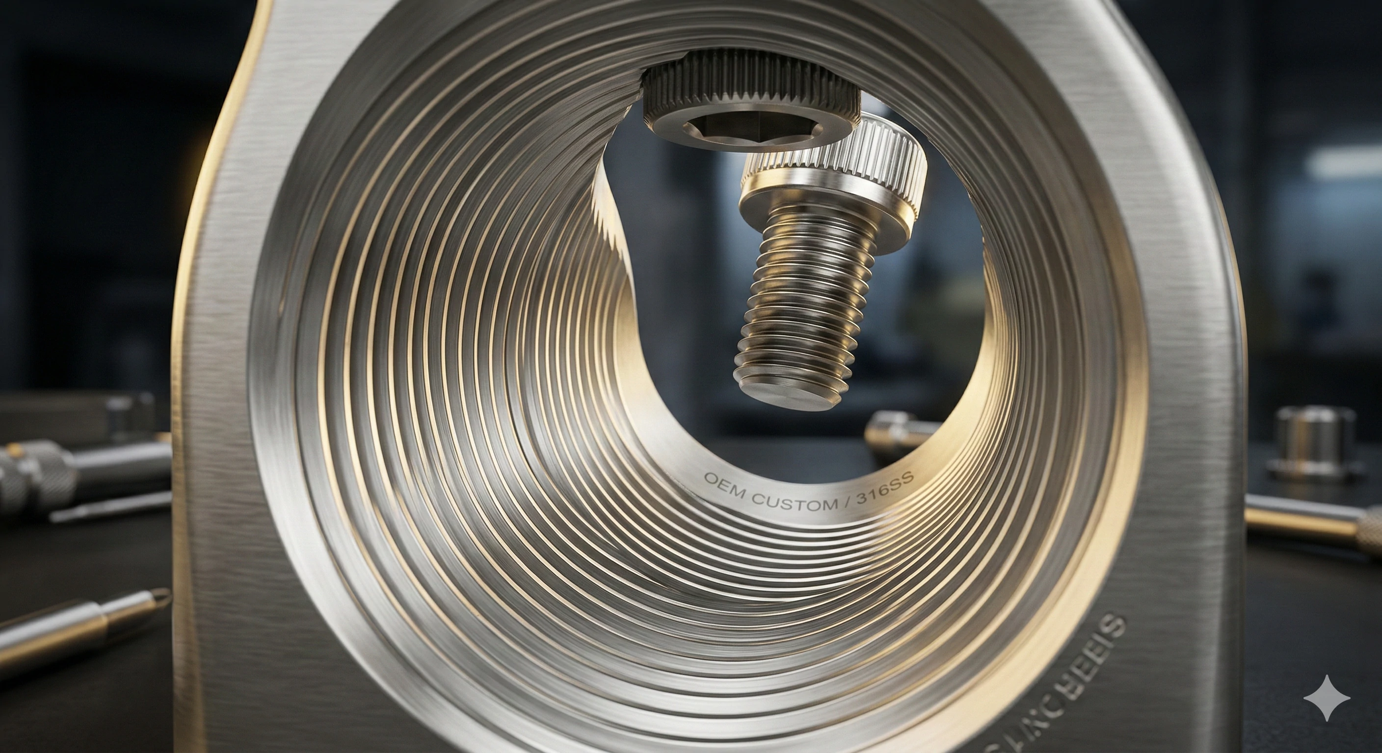 Close-up of OEM custom 316SS glass hardware with precision threading