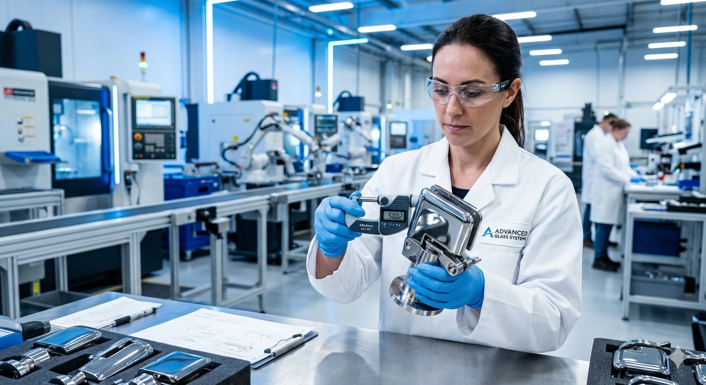 Precision measurement of OEM glass railing hardware in factory