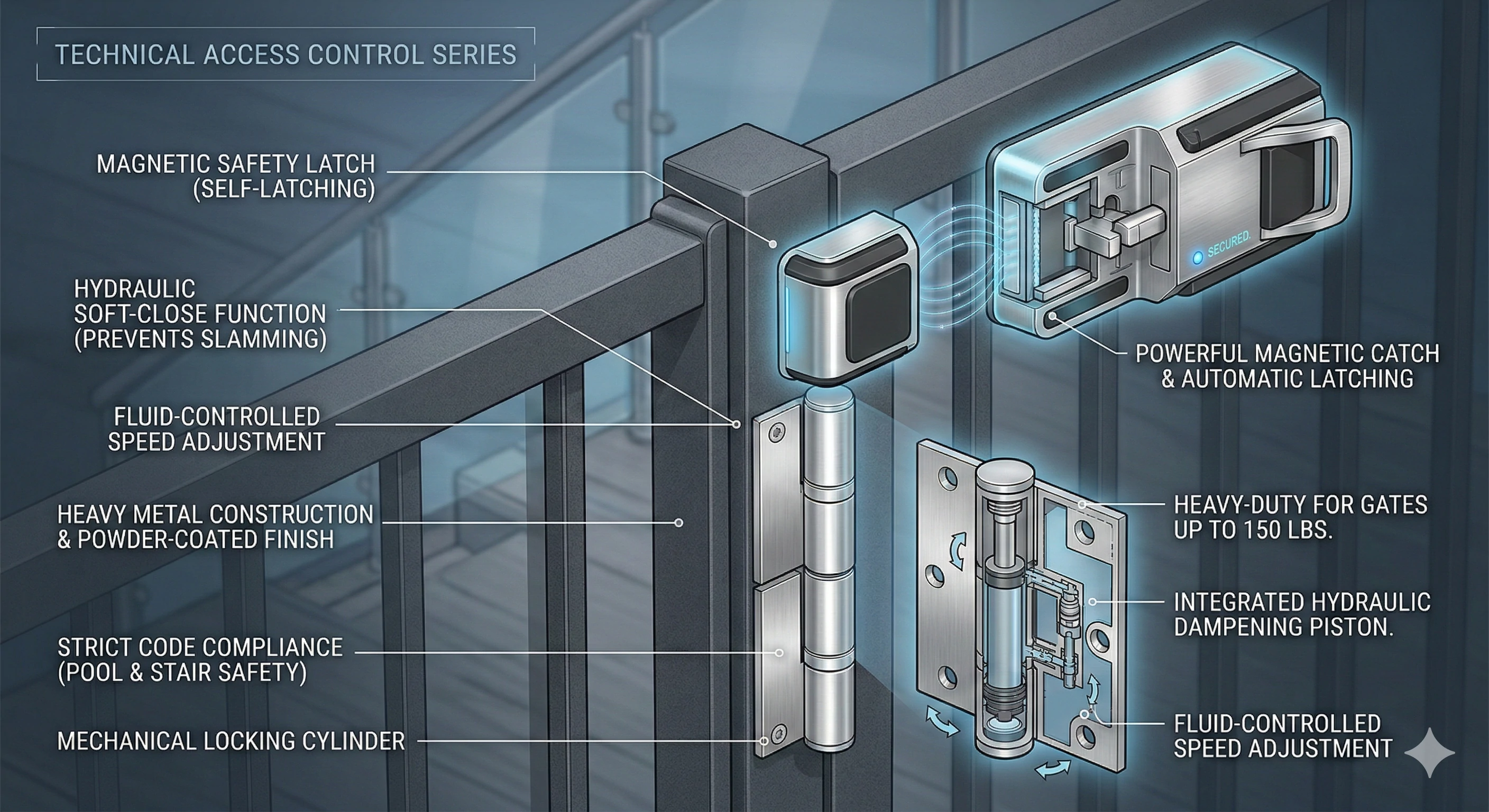 Technical diagram of OEM hydraulic soft-close hinge and safety latch