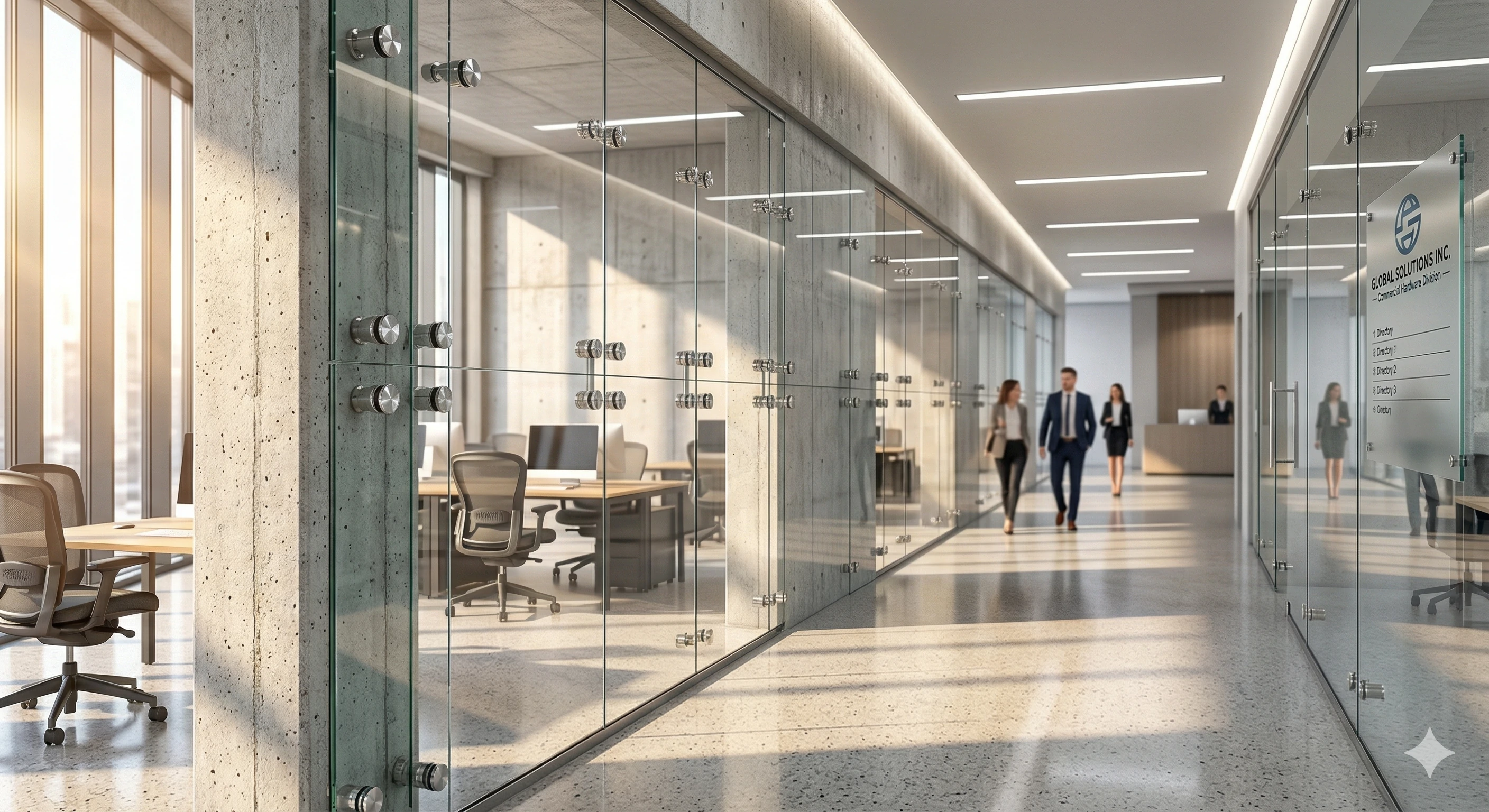 Modern office corridor featuring frameless glass partitions secured with metal standoffs