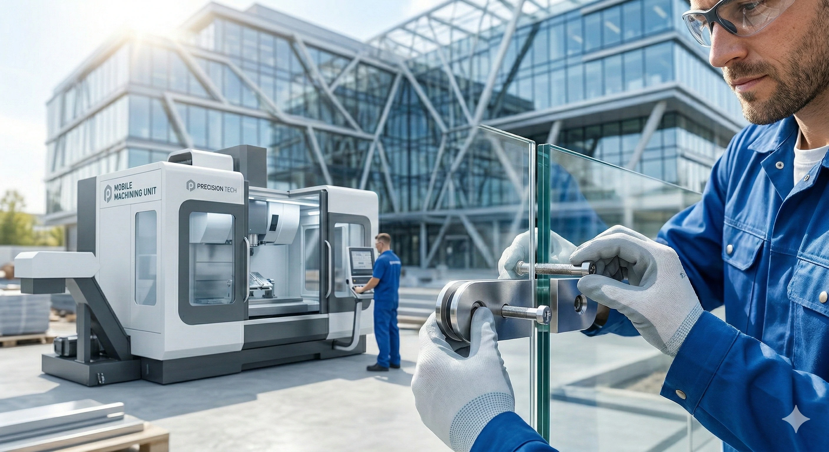 Engineering support team installing custom glass hardware on-site for clients.