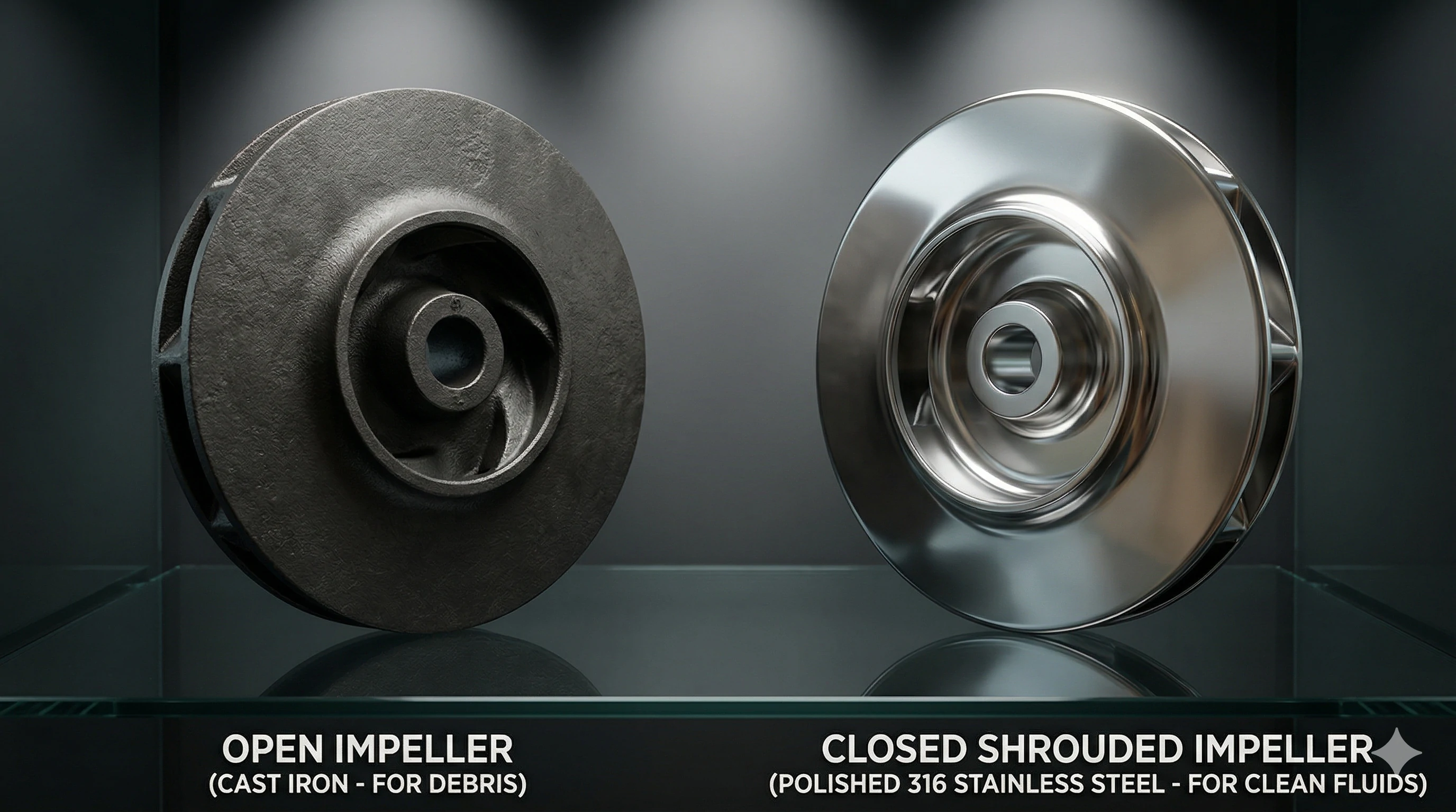 Comparison of an open cast iron impeller and closed stainless steel impeller.