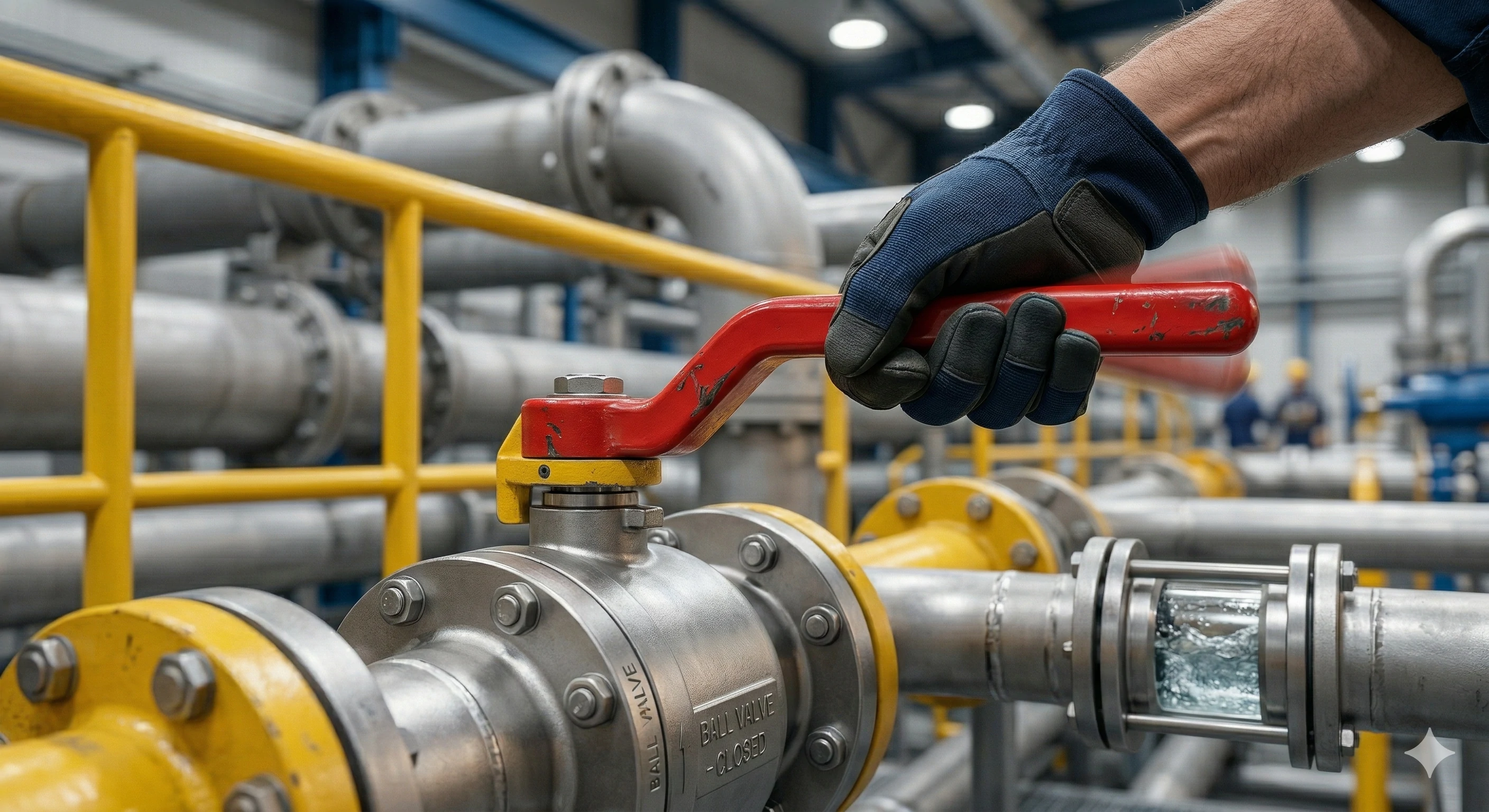 Worker turning the red handle of a stainless steel ball valve on a pipeline