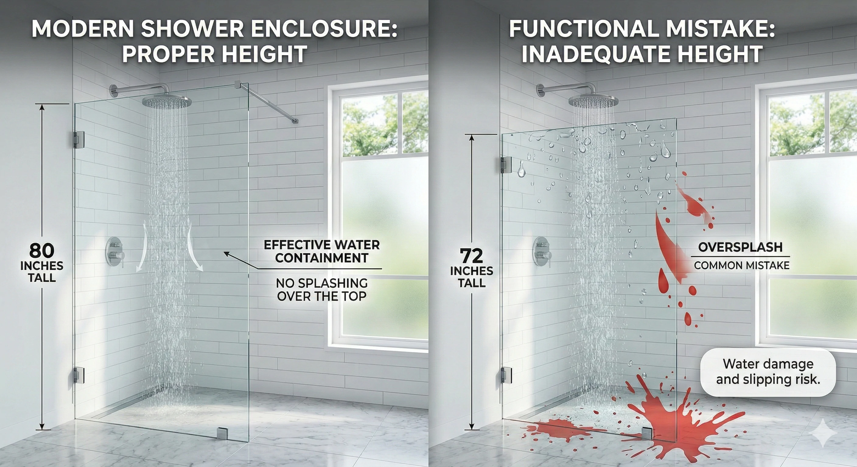 Comparison showing optimal glass shower enclosure height preventing water oversplash