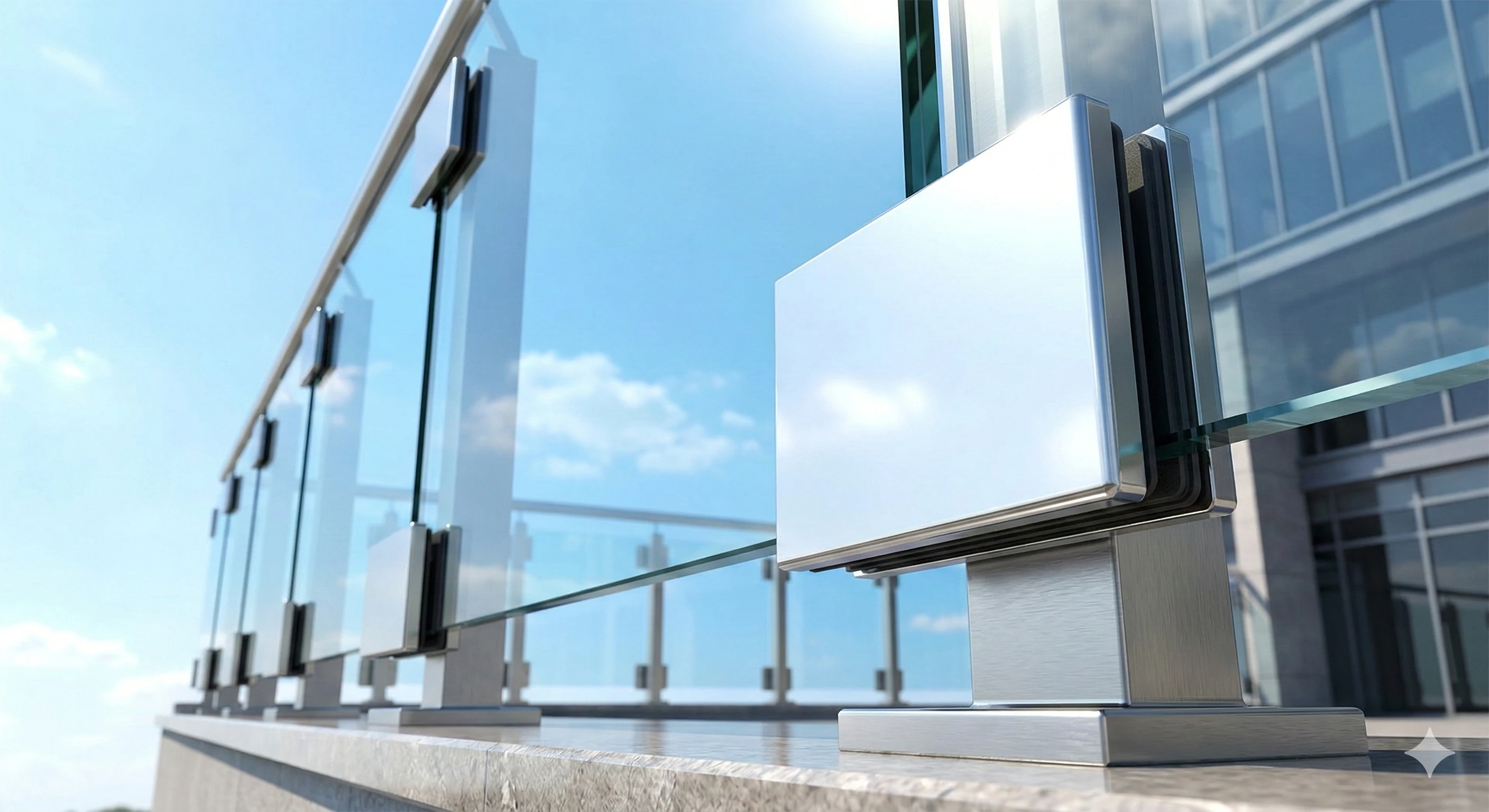 Outdoor balcony glass railing system with durable stainless steel clamps.