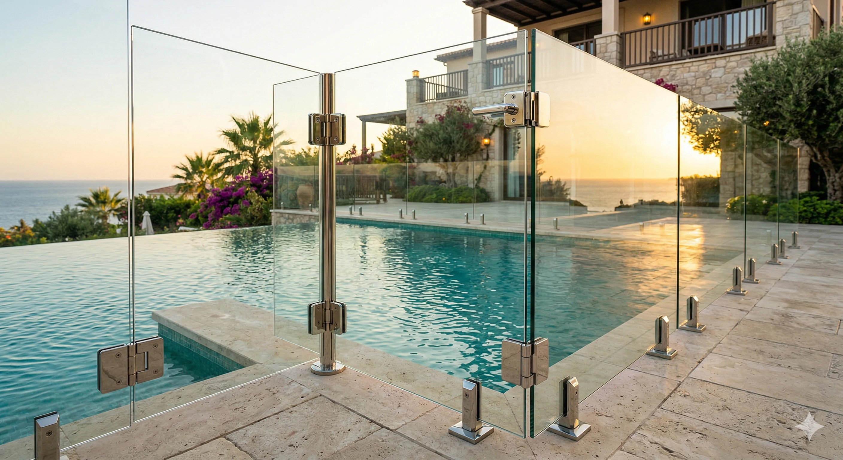 Frameless glass pool fence with stainless steel hinges at sunset.